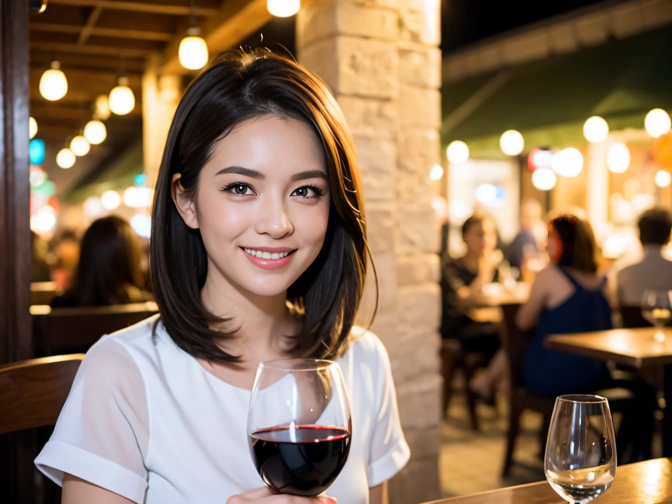 (64K, UHD, top quality, masterpiece: 1.2), (realistic, photorealistic: 1.37), super detailed, pretty woman 1, (slim face), (slim body), (brown hair), (short cut), cheeks slightly blushing, (40 years old), 38 years old, solo, beautiful detailed urban night view outside the window, restaurant, wine glass sitting, at night, in a prominent place (from the waist up) NovaFrogStyle, Actress, Model, Waist Up, White Wine, Slim, Wine Glass, Super Clean Night View, Wine Glass Put in the Middle, Happy Smile, (Smile: 1.15), Beautiful Fine Eyes, Upper Body, Bust Japan Up, Night, Short, Short, Actress, Model, Waist Up, White Wine, Slim, Wine Glass, Super Clean Night View, Wine Glass Put in the Middle, Happy Smile,
