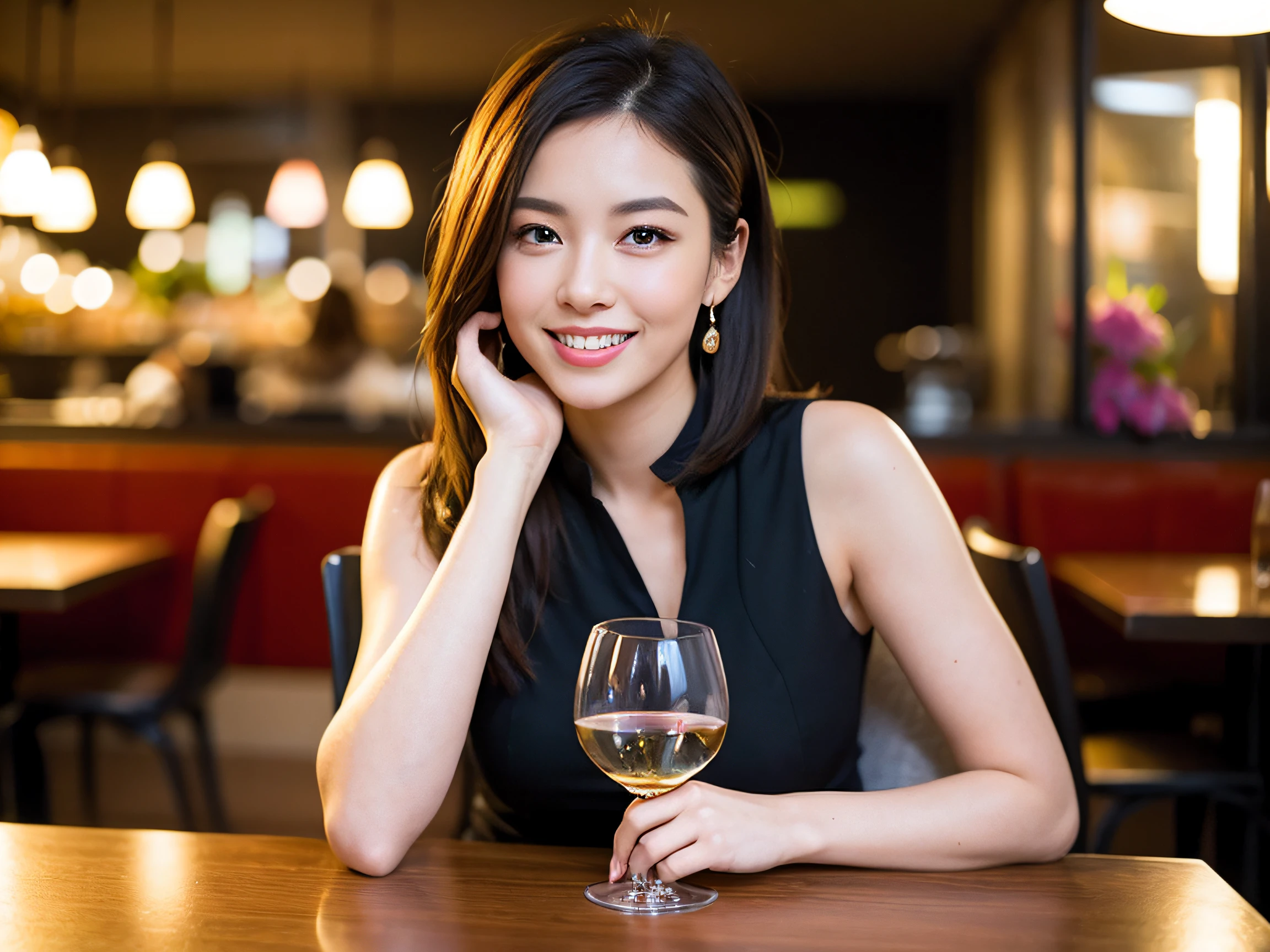 (64K, UHD, top quality, masterpiece: 1.2), (realistic, photorealistic: 1.37), super detailed, pretty woman 1, (slim face), (slim body), (brown hair), (short cut), cheeks slightly blushing, (40 years old), 38 years old, solo, beautiful detailed urban night view outside the window, restaurant, wine glass sitting, at night, in a prominent place (from the waist up) NovaFrogStyle, Actress, Model, Waist Up, White Wine, Slim, Wine Glass, Super Clean Night View, Wine Glass Put in the Middle, Happy Smile, (Smile: 1.15), Beautiful Fine Eyes, Upper Body, Bust Japan Up, Night, Short, Short, Actress, Model, Waist Up, White Wine, Slim, Wine Glass, Super Clean Night View, Wine Glass Put in the Middle, Happy Smile,