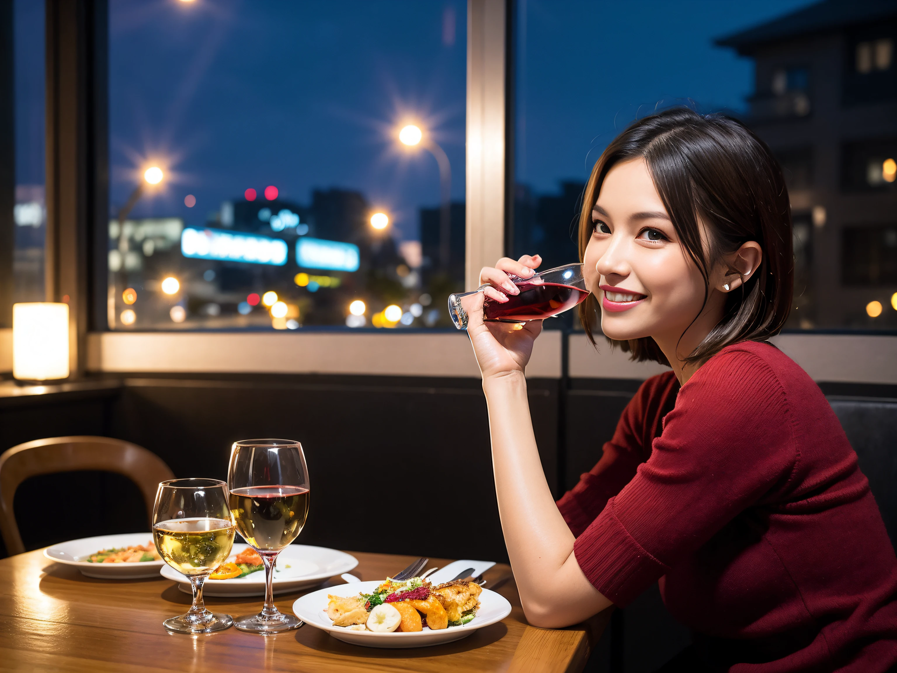 (64K, UHD, top quality, masterpiece: 1.2), (realistic, photorealistic: 1.37), super detailed, pretty woman 1 person, (slim face), (slim body), (brown hair), (short cut), cheeks slightly blushing, (42 years old), 38 years old, solo, beautiful detailed urban night view outside the window, restaurant, wine glasses sit, night, in a prominent place (from the waist up) NovaFrogStyle, Actress, Model, Waist Up, White Wine, Slim, Wine Glass, Super Clean Night View, Wine Glass Put in the Middle, Happy Smile, (Smile: 1.15), Beautiful Fine Eyes, Upper Body, Bust Japan Up, Night, Short, Short, Actress, Model, Waist Up, White Wine, Slim, Wine Glass, Super Clean Night View, Wine Glass Put in the Middle, Happy Smile,