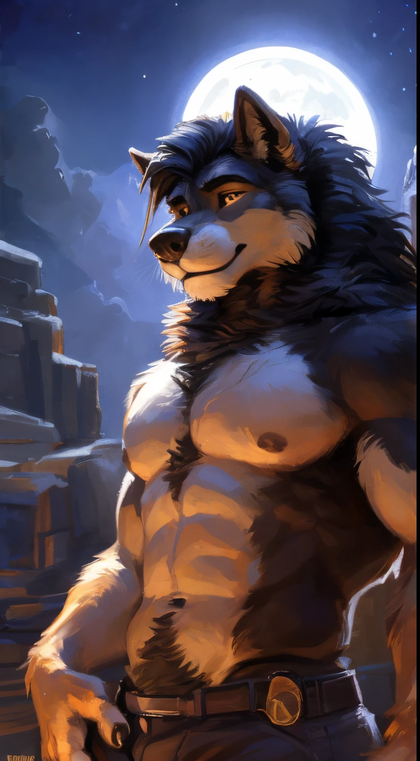 Werewolf male, full body covered in fluffy fur, , big muscular chest, volumetric abs, day, sensual, detailed, uploaded to e621, beautiful and detailed portrait of an anthropomorphic black werewolf (((male))) kenket, ross tran, ruan jia, uploaded to e621, zaush, foxovh, movie lighting, moon lights, glowing eyes, black fur, long dark mane of hair