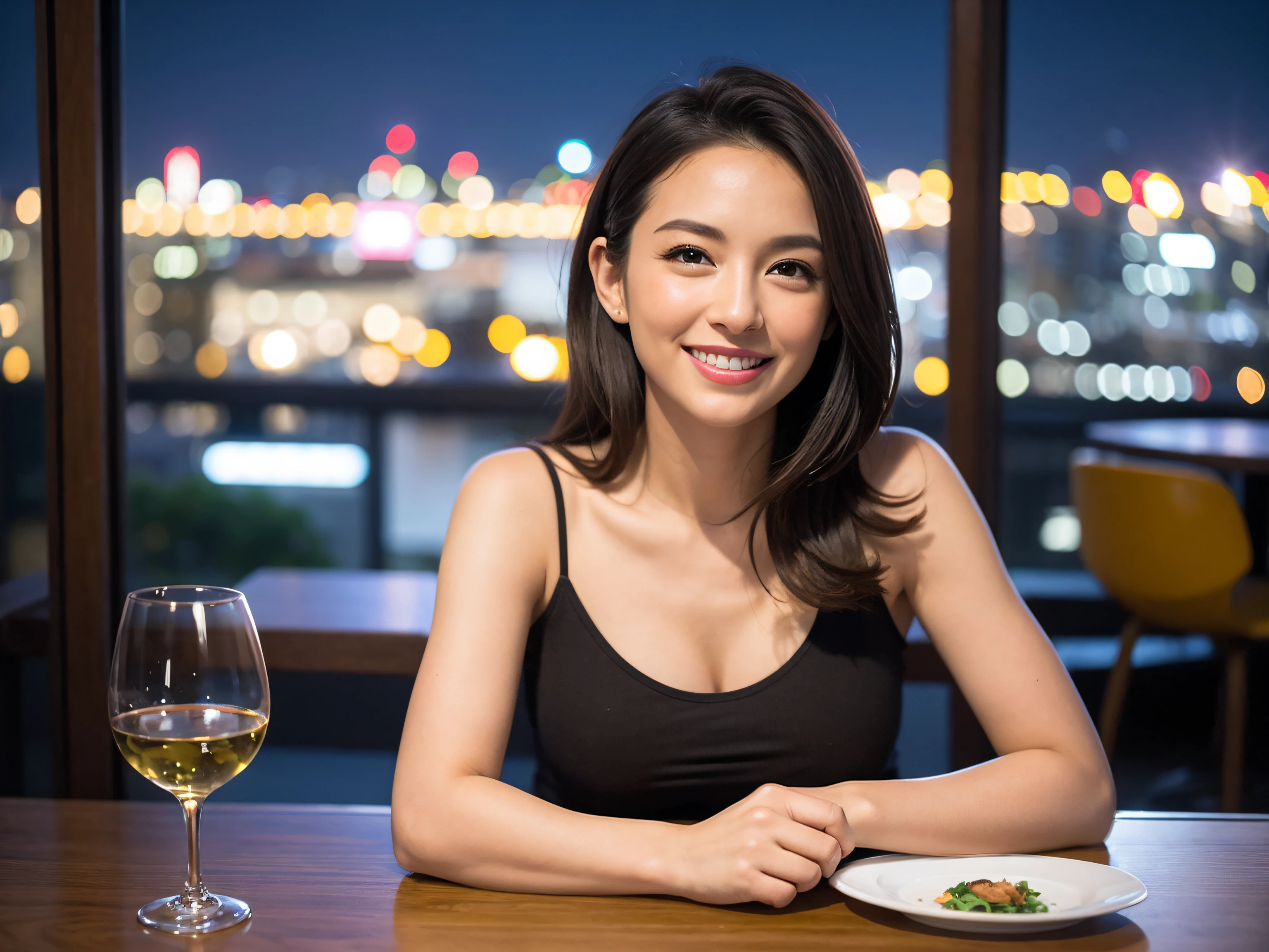 (64K, UHD, top quality, masterpiece: 1.2), (realistic, photorealistic: 1.37), super detailed, pretty woman 1 person, (slim face), (slim body), (brown hair), (short cut), cheeks slightly blushing, (42 years old), 38 years old, solo, beautiful detailed urban night view outside the window, restaurant, wine glasses sit, night, in a prominent place (from the waist up) NovaFrogStyle, Actress, Model, Waist Up, White Wine, Slim, Wine Glass, Super Clean Night View, Wine Glass Put in the Middle, Happy Smile, (Smile: 1.15), Beautiful Fine Eyes, Upper Body, Bust Japan Up, Night, Short, Short, Actress, Model, Waist Up, White Wine, Slim, Wine Glass, Super Clean Night View, Wine Glass Put in the Middle, Happy Smile,