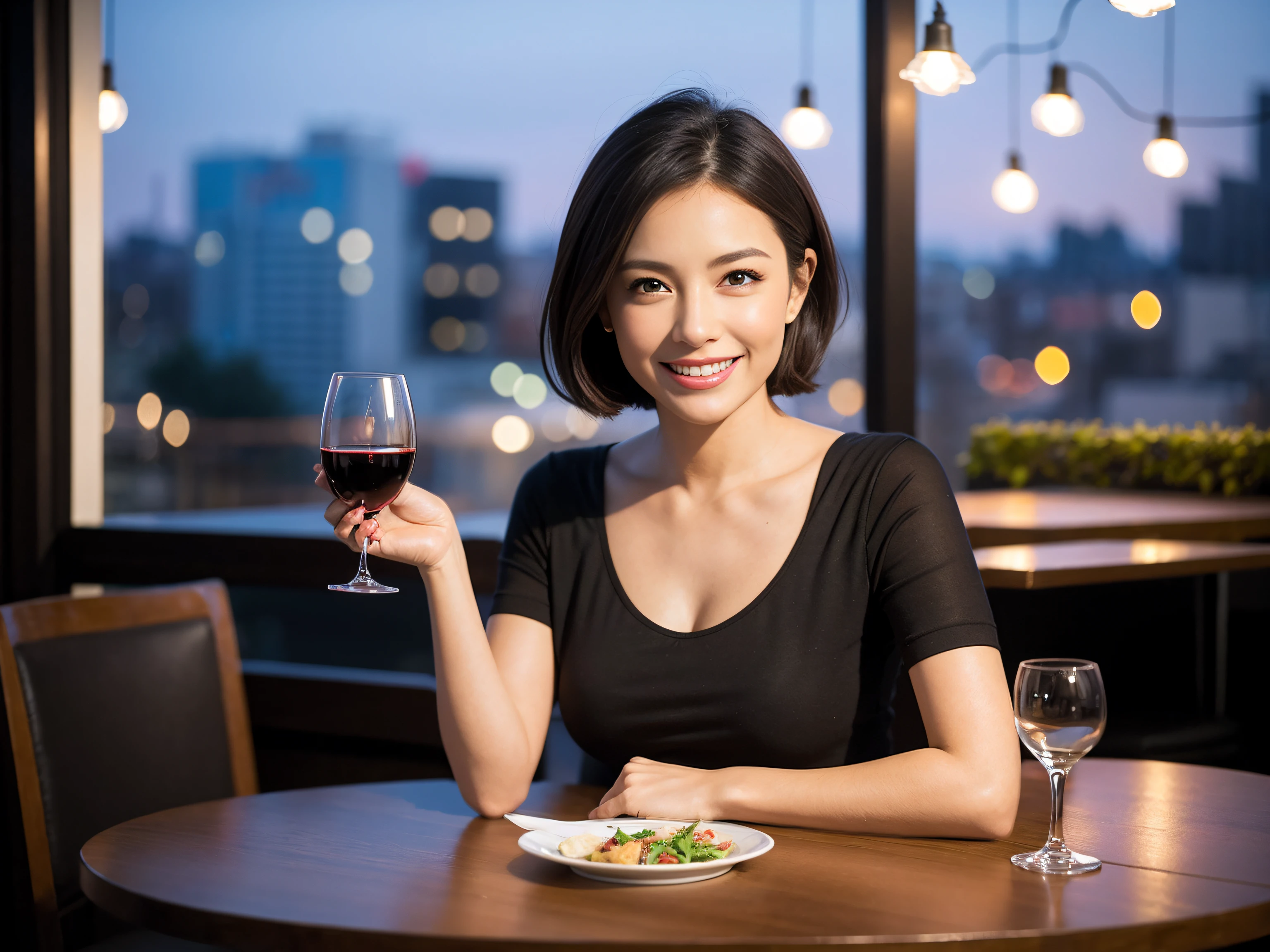 (64K, UHD, top quality, masterpiece: 1.2), (realistic, photorealistic: 1.37), super detailed, pretty woman 1 person, (slim face), (slim body), (brown hair), (short cut), cheeks slightly blushing, (42 years old), 38 years old, solo, beautiful detailed urban night view outside the window, restaurant, wine glasses sit, night, in a prominent place (from the waist up) NovaFrogStyle, Actress, Model, Waist Up, White Wine, Slim, Wine Glass, Super Clean Night View, Wine Glass Put in the Middle, Happy Smile, (Smile: 1.15), Beautiful Fine Eyes, Upper Body, Bust Japan Up, Night, Short, Short, Actress, Model, Waist Up, White Wine, Slim, Wine Glass, Super Clean Night View, Wine Glass Put in the Middle, Happy Smile,