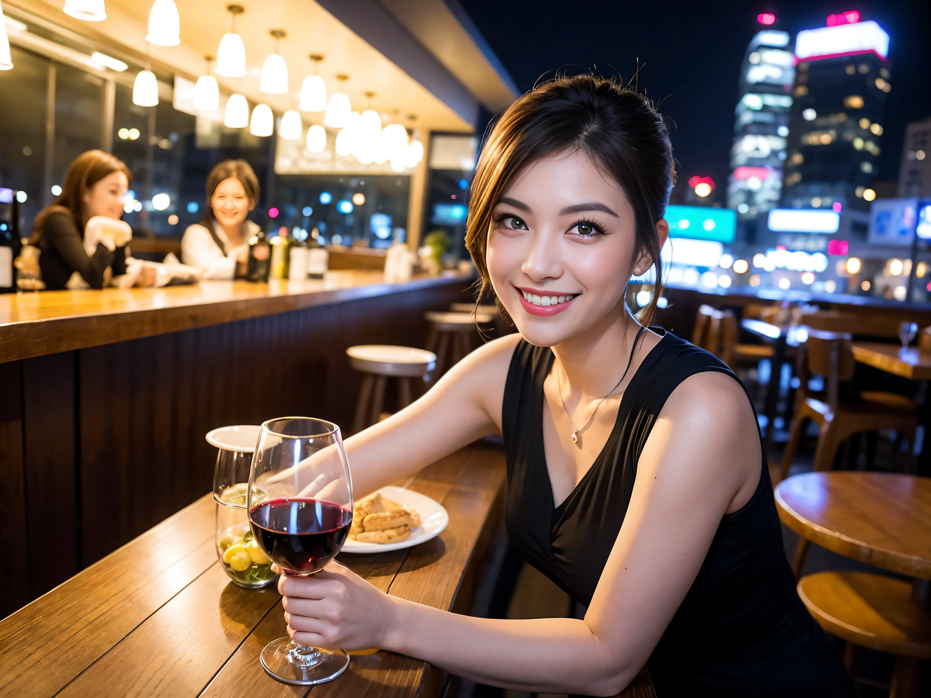 (64K, UHD, top quality, masterpiece: 1.2), (realistic, photorealistic: 1.37), super detailed, pretty woman 1 person, (slim face), (slim body), (brown hair), (short cut), cheeks slightly blushing, (42 years old), 38 years old, solo, beautiful detailed urban night view outside the window, restaurant, wine glasses sit, night, in a prominent place (from the waist up) NovaFrogStyle, Actress, Model, Waist Up, White Wine, Slim, Wine Glass, Super Clean Night View, Wine Glass Put in the Middle, Happy Smile, (Smile: 1.15), Beautiful Fine Eyes, Upper Body, Bust Japan Up, Night, Short, Short, Actress, Model, Waist Up, White Wine, Slim, Wine Glass, Super Clean Night View, Wine Glass Put in the Middle, Happy Smile,