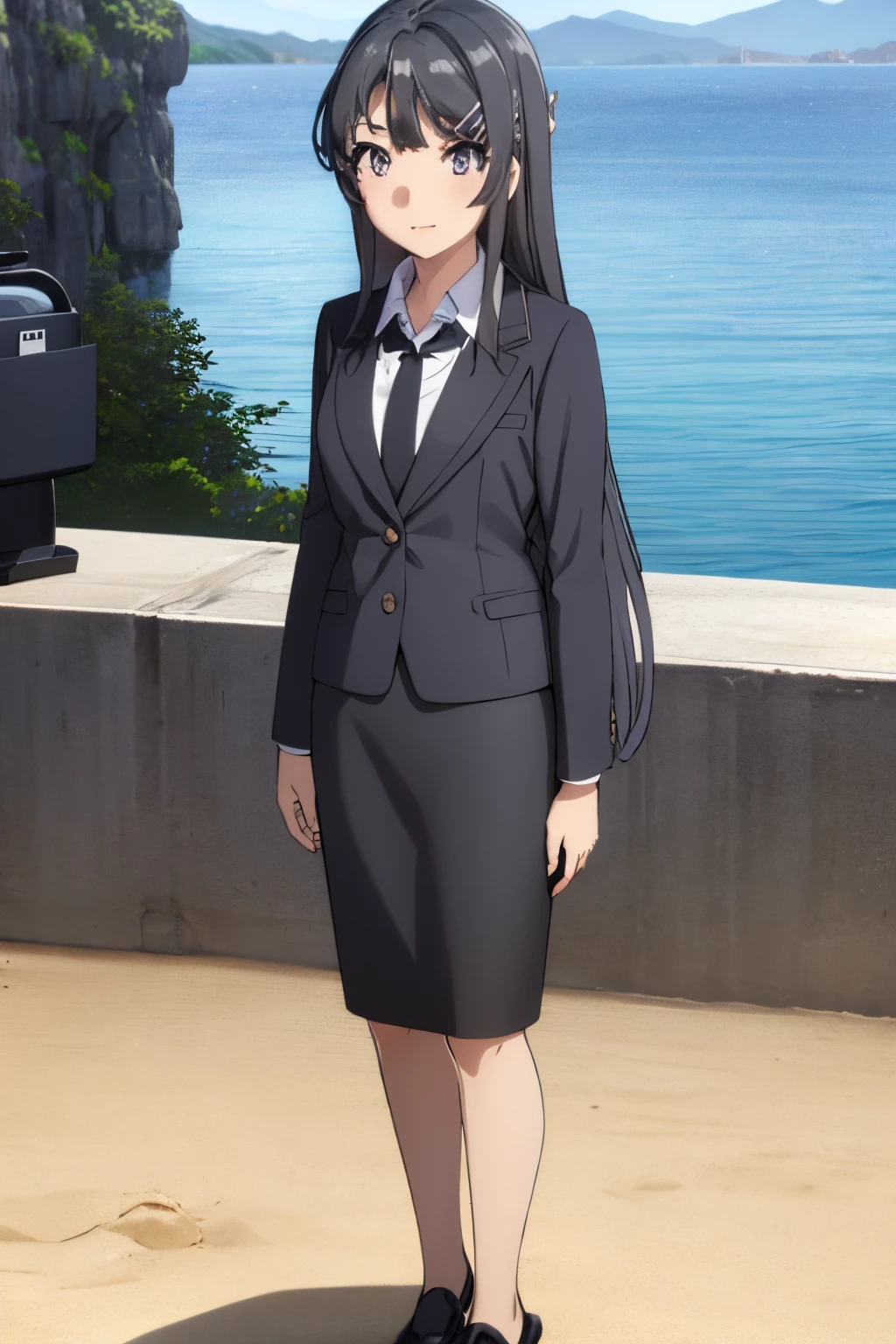 1girl, mai sakurajima, beach background, suit, office lady, black skirt, black blazer, pencil skirt, white shirt, long hair, ager, looking at viewer, full body, smiling,