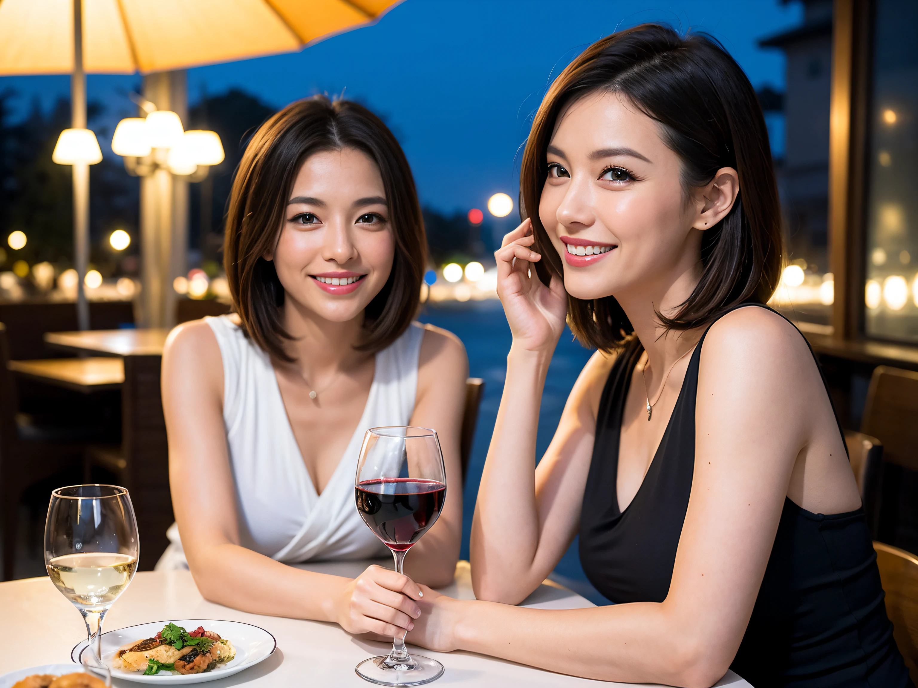 (64K, UHD, top quality, masterpiece: 1.2), (realistic, photorealistic: 1.37), super detailed, pretty woman 1 person, (slim face), (slim body), (brown hair), (short cut), cheeks slightly blushing, (42 years old), 38 years old, solo, beautiful detailed urban night view outside the window, restaurant, wine glasses sit, night, in a prominent place (from the waist up) NovaFrogStyle, Actress, Model, Waist Up, White Wine, Slim, Wine Glass, Super Clean Night View, Wine Glass Put in the Middle, Happy Smile, (Smile: 1.15), Beautiful Fine Eyes, Upper Body, Bust Japan Up, Night, Short, Short, Actress, Model, Waist Up, White Wine, Slim, Wine Glass, Super Clean Night View, Wine Glass Put in the Middle, Happy Smile,