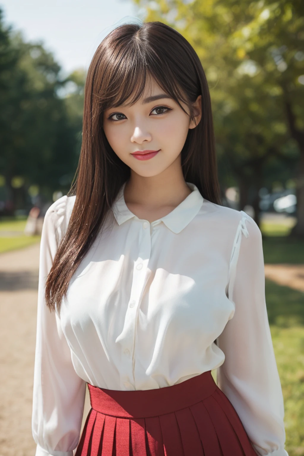 (8K、Raw photo、top-quality、masuter piece: 1.2)、(realisitic、photoRealstic: 1.4)、(High resolution 8K wallpapers)、foco nítido、depth of fields、Background blur、bokeh dof、lighting like a movie、Soft light、Shot from thigh up、Cute idol face looking at camera、（Smiling age korean girl、Slender girl：1.3）、（symmetrical beautiful eyes:1.2）、（well-shaped breasts、C Cup）、（realistic skin textures、Natural lip color）、(((Beautiful thin eyebrows)))、(二重まぶた、Long bangs)、(Red pleated skirt:1.2)、((White blouse、a park))