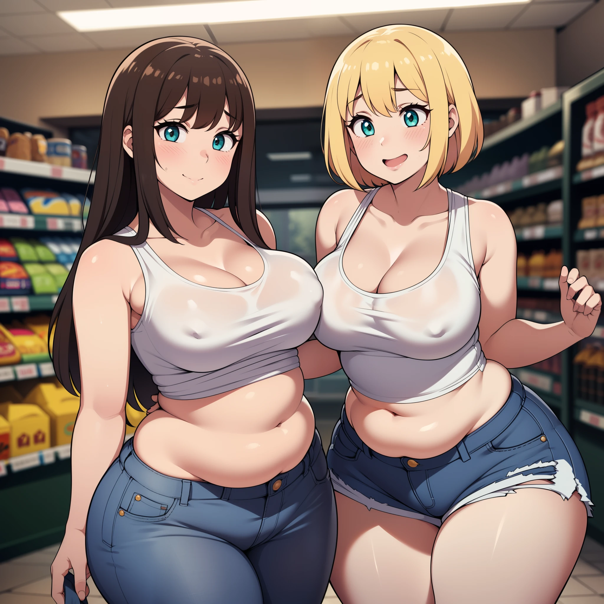 ((high res)), (Masterpiece), perfect anatomy, perfect shading, field of depth, (best quality), extremely delicate and beautiful, perfect lighting, detailed face, ultra cute face, cute, (cowboy shot 1.2), full body, (((2girls))), ((2 girls 1 and 2))

Girl 1: has long hair, fluffy hair, blonde hair, blue eyes, (blush), embarrassed, (crop top 1.2), (jean shorts 1.2), extremely tight clothes, medium breasts, cleavage, perky breasts, ((wide hips)), (thick thighs), (chubby), pudgy belly, fat rolls, belly hang,

Girl 2: has short hair, fluffy hair, brown hair, green eyes, pale skin, (blush), aroused, seductive smile, (white tank top 1.2), (jeans 1.2), extremely tight clothes, medium breasts, cleavage, perky breasts, (((wide hips))), ((thick thighs)), (plump), chubby belly, fat rolls, belly hang, she has a jiggly belly,

grocery store, intricate background, detailed background, girls are hugging each other,