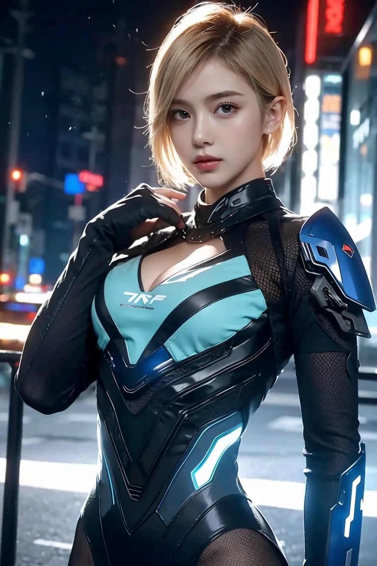 Gorgeous mech warrior woman, small white battle suit with blue led lights, show stomach, Short blonde hair shaved on one side, Hi-Tech, Assassin, Show a lot of skin, Oily skin, Show abs, Cyberpunk city background, Futuristic, Detailed and Intricicated, cleavage, Sexy masterpieces, Best Quality, Highest Quality, High Definition, Highly detailed, 8K, Athletic and well-fitting body, Naughty, Perfect hands, Detailed hand, Perfect eyes, Detailed eyes, flirtatious, Sexy, Realistic, nffsw, nffsw, Dynamic, cleavage