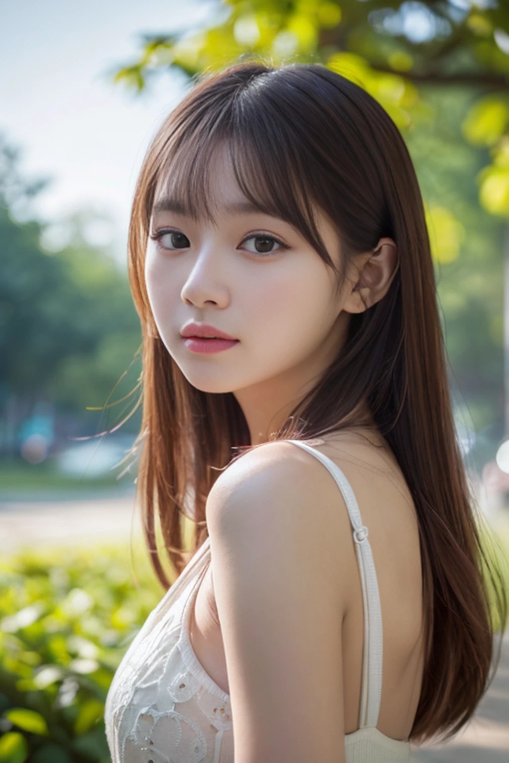 (8K、Raw photo、top-quality、masuter piece: 1.2)、(realisitic、photoRealstic: 1.4)、(High resolution 8K wallpapers)、foco nítido、depth of fields、Background blur、bokeh dof、lighting like a movie、Soft light、(Korean beautiful girl looking at camera、a park)