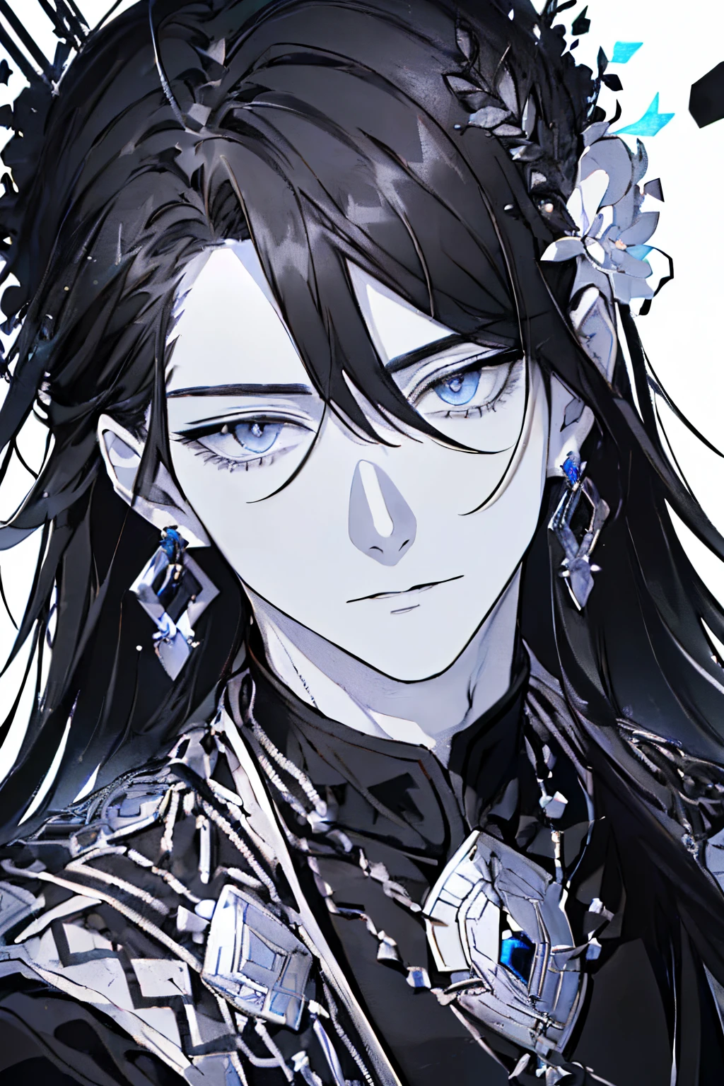 ((A ruined city full of rubble)),(After the war),((Vast landscape full of rubble)),(Gorgeous and sacred costume like a god),((long hair touching the ground)),((White and black hair)),(Lifeless eyes),((Look at me with a soft smile)),((i&#39;i&#39;I&#39;m inviting you with open arms)),(Mouth slightly open),((black and white eyes)),((Monochrome world)),((Black,Gray,light)),((Jewelry featuring many jet black and pure white gemstones)),((hug)),((Front view)),(Sharp eye light),(((Adult male))),(close up of face),