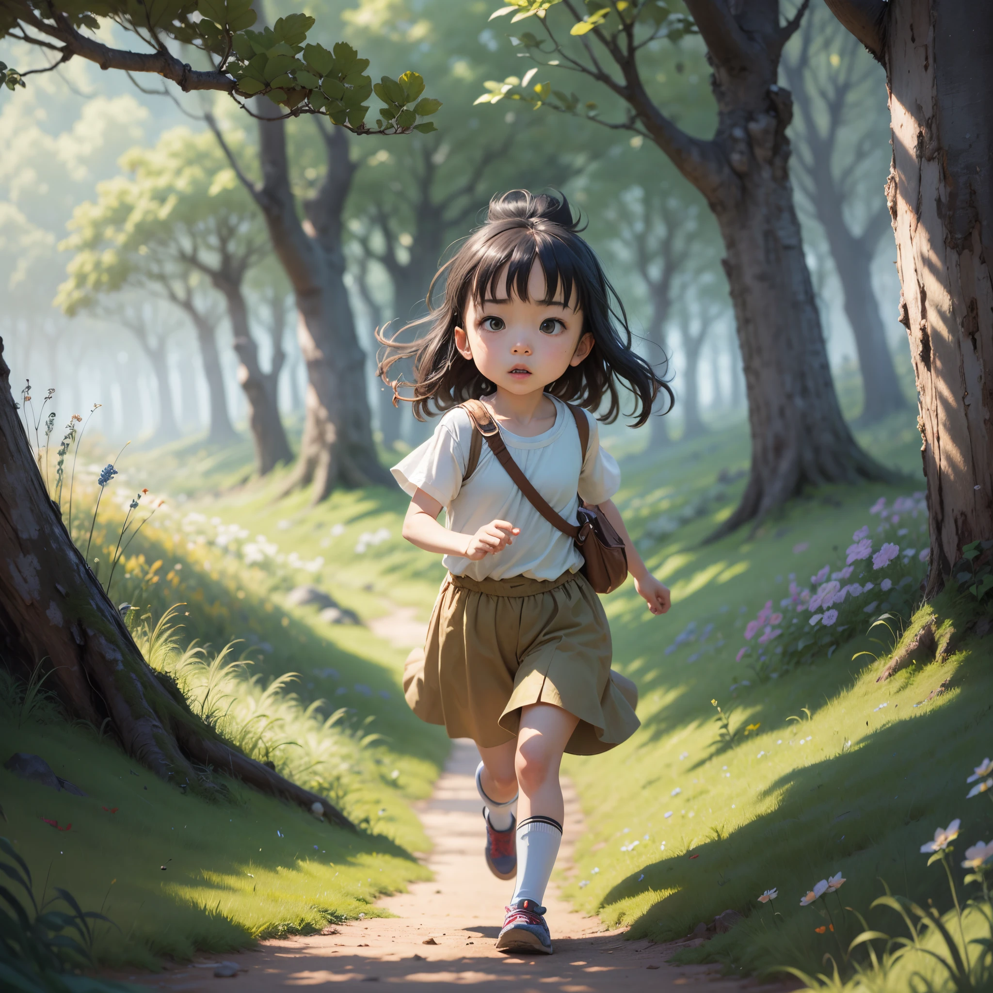 In the style of Hayao Miyazaki's studio, the runs on the grass with a lively appearance and softened edges-ar16:9 --auto --s2