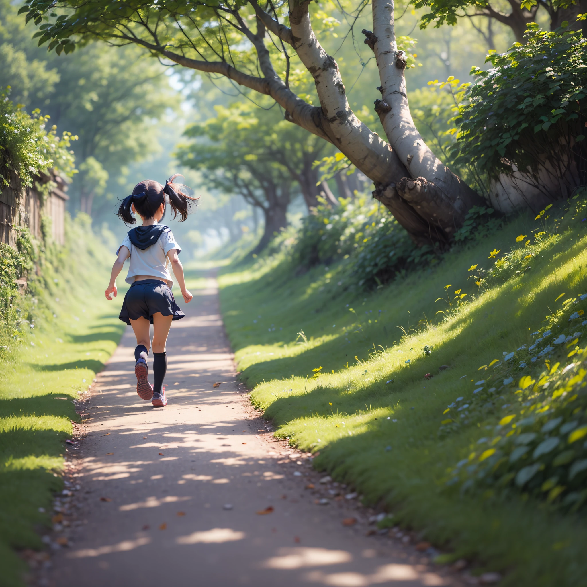 In the style of Hayao Miyazaki's studio, the little girl runs on the grass with a lively appearance and softened edges-ar16:9 --auto --s2