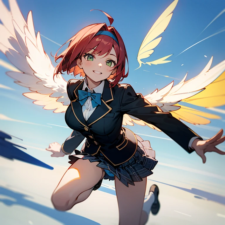 girl smiling slightly,Red Short Bob,Green eyes,large full breasts,Black Blazer School Uniform,Hair band on the head,Wearing a hair band,Bow tie on chest,light blue bowtie,plaid skirts,Fluttering skirt,Light blue panties are slightly visible under the skirt.,Looking up from under your feet,Soaring in the sky,Floating in mid-air,machine wings,Dynamism,Active,The background is only a blue sky