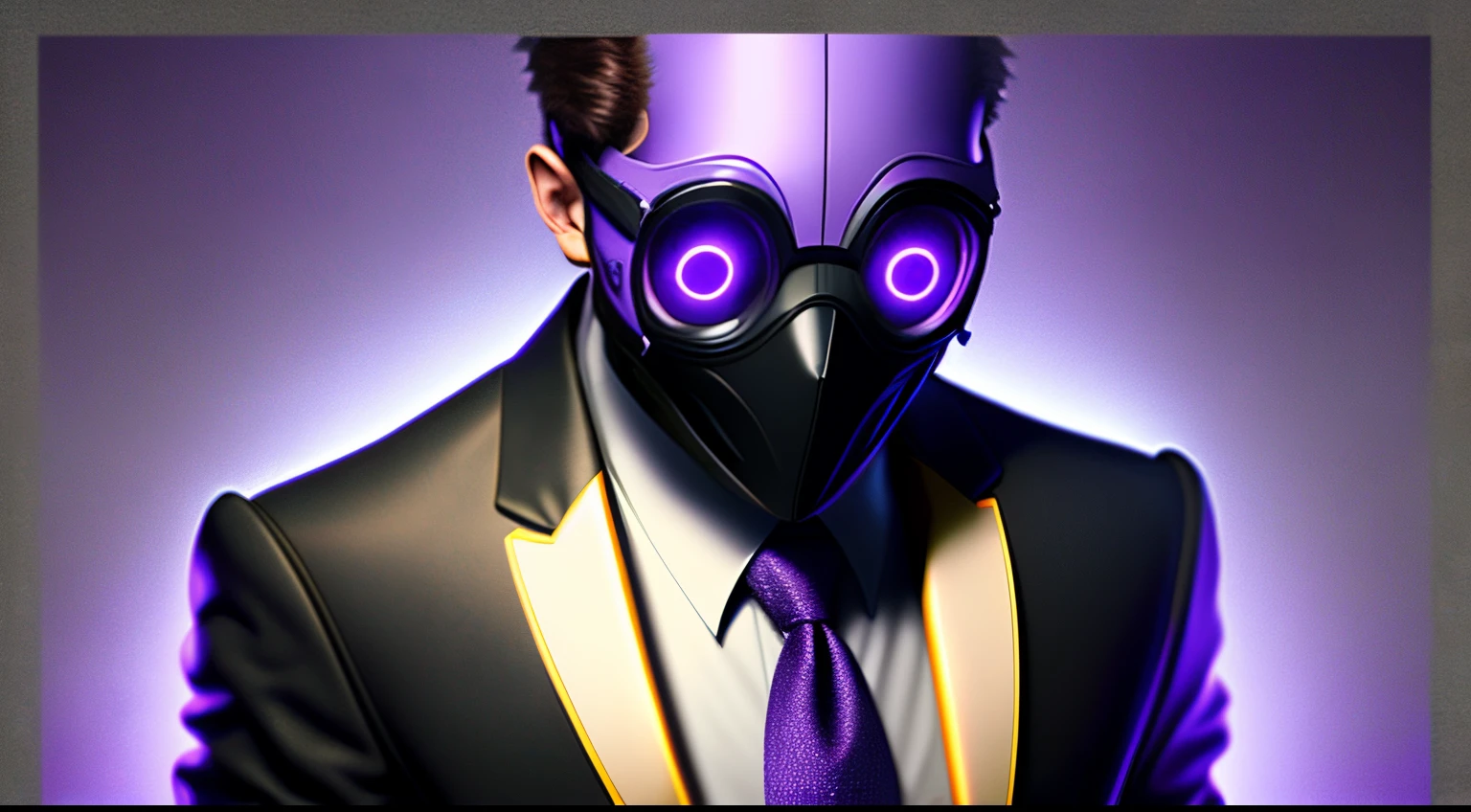 Man in black and purple 3 set suit, and 4 eyes glow, mask face covered