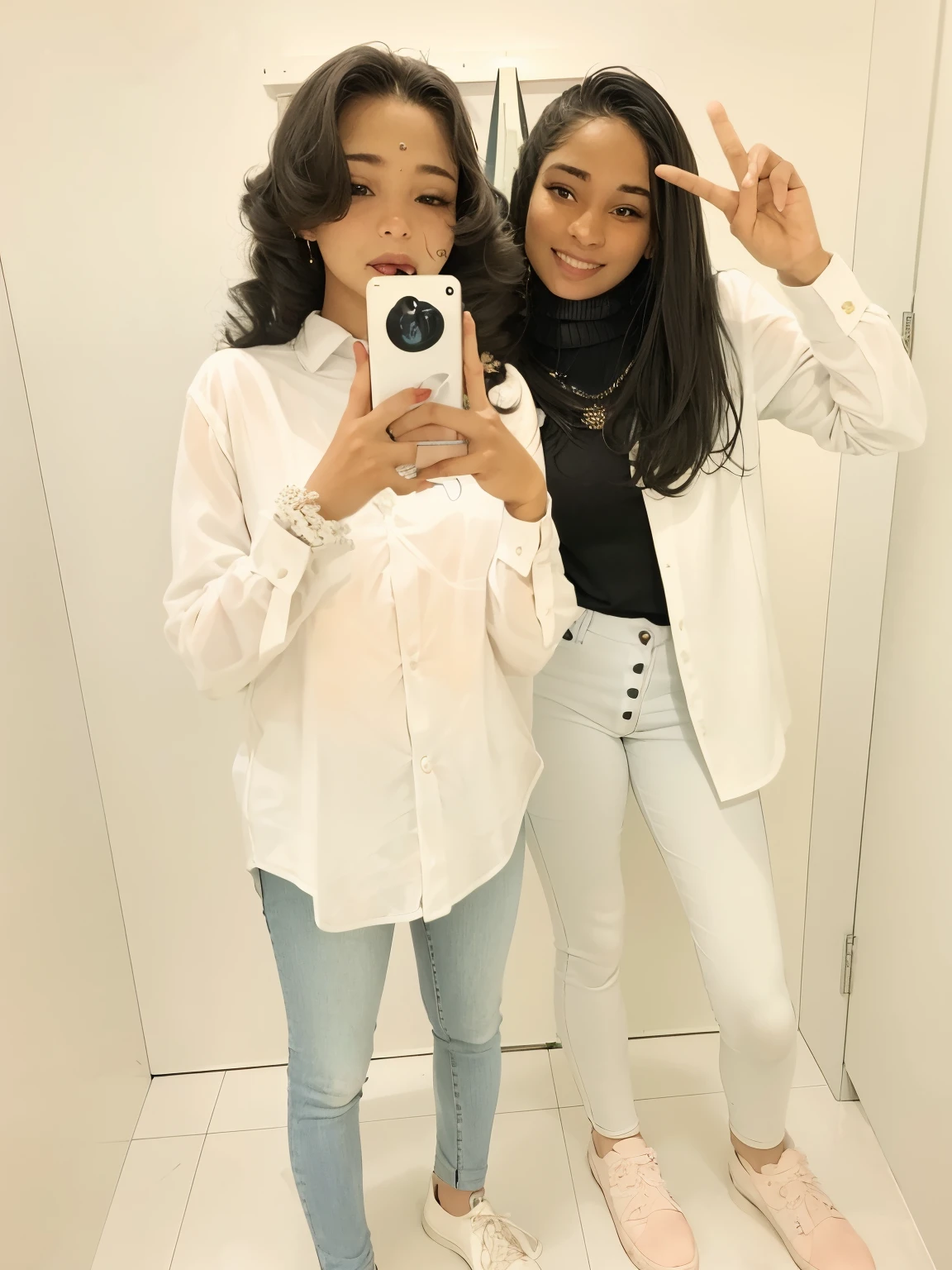 1 girl taking mirror selfie, one more girl showing peace, both wearing white colour formal shirt and blue colour jeans