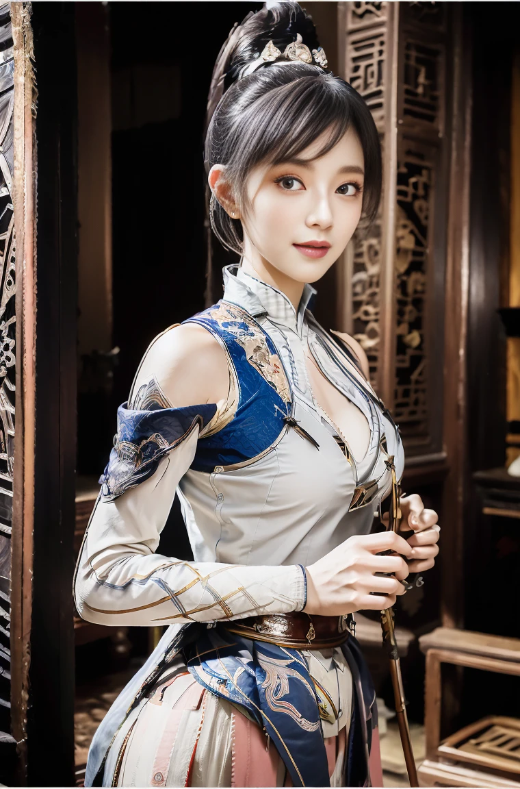 Gentle and beautiful woman, full body photo, delicate and sexy collarbone, attractive oval face, double eyelids, smart peach blossom eyes, pink lips, small nose, bare shoulders, focused face, face up, smiling, ultra high definition, super detail, white hair bands, elegant standing posture, ancient Chinese clothes, deep V lace top, ancient Chinese scenery, fighting with ancient Chinese long sword, (full bodyesbian:1.4)，