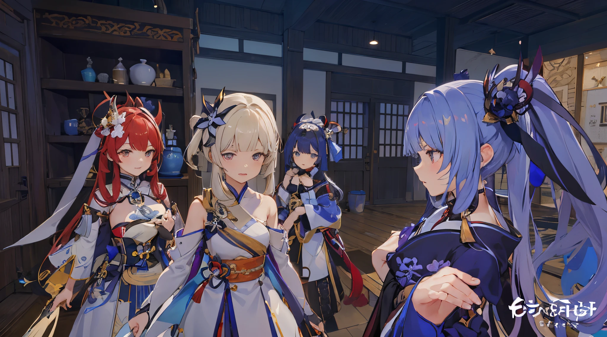 Anime characters in rooms with stage and stage, Azure Alley style, video games from Azure Alley, stylized anime, Teal Alley characters, PC screenshots, wearing kimono armor, katana zero video game characters, < MMORPG scenes, fashion game screenshots, wearing kimono armor