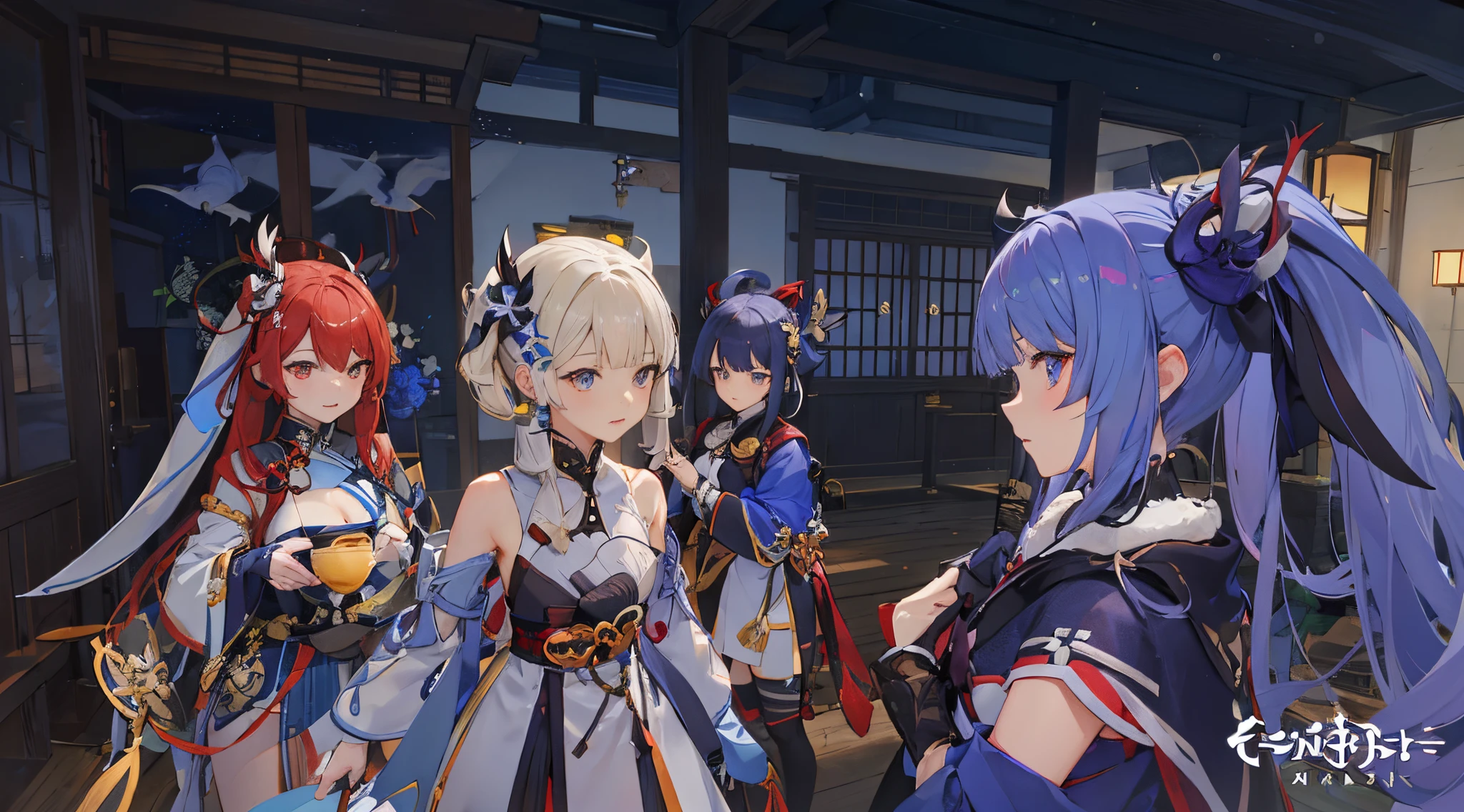 anime characters in a room with wooden floor and blue sky background, O impacto de Ayaka Genshin, Genshin, Estilo Genshin Impact, Fazer videogame Azur Lane, videogame Impacto Genshin, Personagens de Azur Lane, ayaka jogo Impacto Genshin, Personagem Genshin Impact, Impacto Genshin, Estilo de pista Azur, Onmyoji