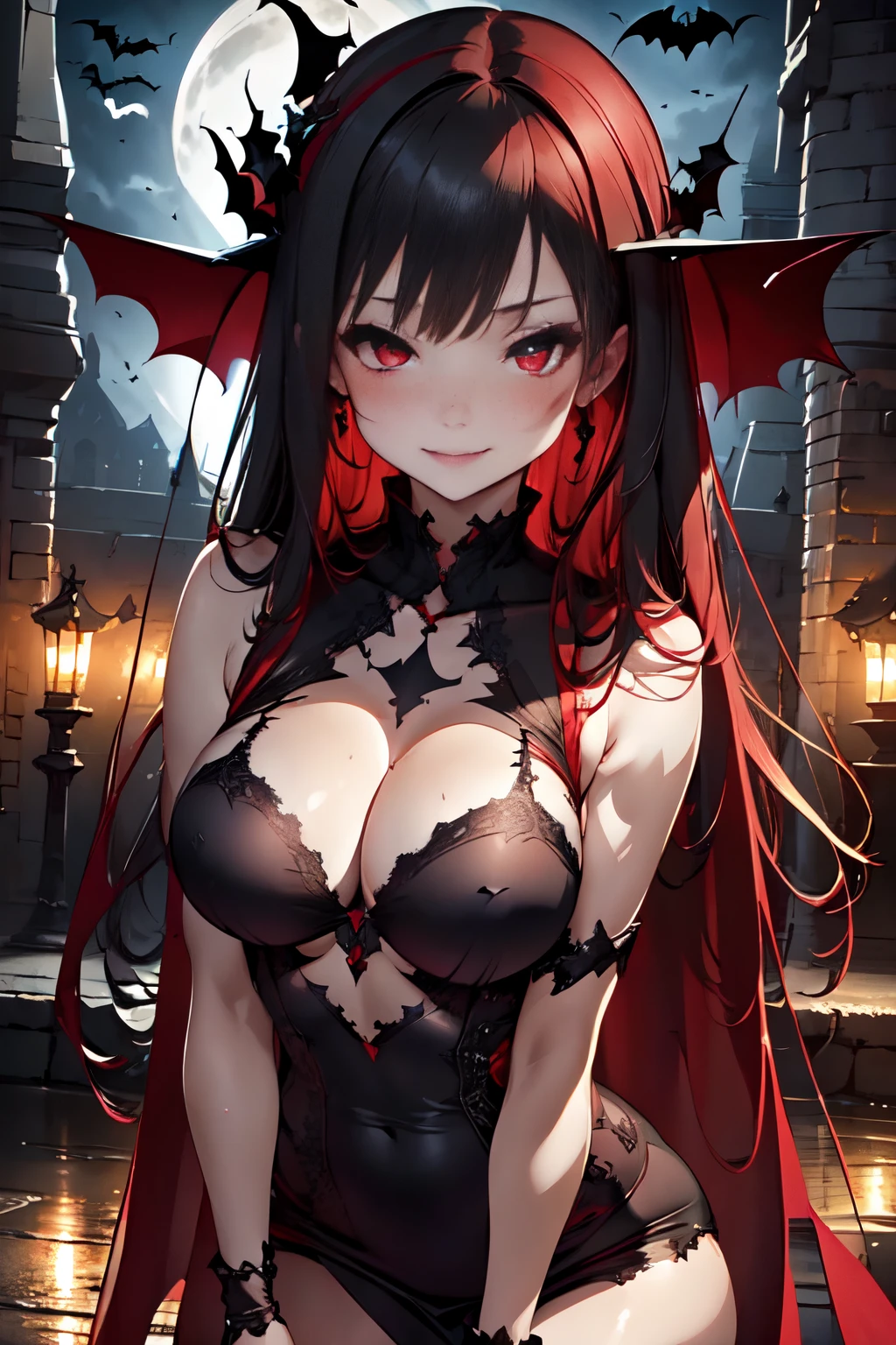 (High quality, High resolution, Fine details, Realistic), Vampire, Old castle, Full Moon Night, Bats are flying, Black Dress, Solo, Adult Woman, ((Red eyes shining suspiciously)), Detailed eyes, Smile, blush, Sweat, Oily skin, Shallow depth of field, Dark atmosphere