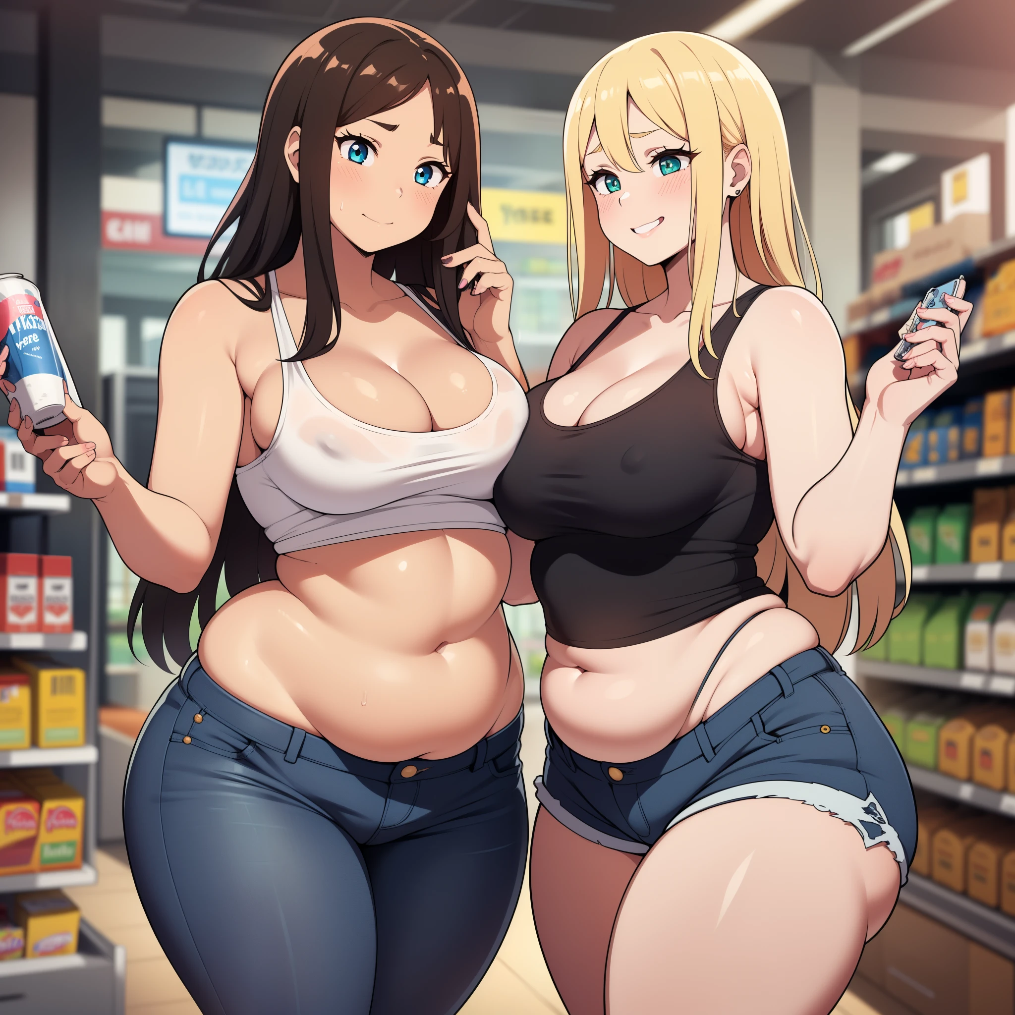 ((high res)), (Masterpiece), perfect anatomy, perfect shading, field of depth, (best quality), extremely delicate and beautiful, perfect lighting, detailed face, ultra cute face, cute, (cowboy shot 1.2), full body, (((2girls))), ((2 girls 1 and 2))
Girl 1: has long hair, fluffy hair, blonde hair, blue eyes, (blush), embarrassed, (crop top 1.2), (jean shorts 1.2), extremely tight clothes, medium breasts, cleavage, perky breasts, ((wide hips)), (thick thighs), (chubby), pudgy belly, fat rolls, belly hang,
Girl 2: has short hair, fluffy hair, brown hair, green eyes, pale skin, (blush), aroused, seductive smile, (white tank top 1.2), (jeans 1.2), extremely tight clothes, medium breasts, cleavage, perky breasts, (((wide hips))), ((thick thighs)), (plump), chubby belly, fat rolls, belly hang, she has a jiggly belly,
grocery store, intricate background, detailed background, girls are hugging each other,