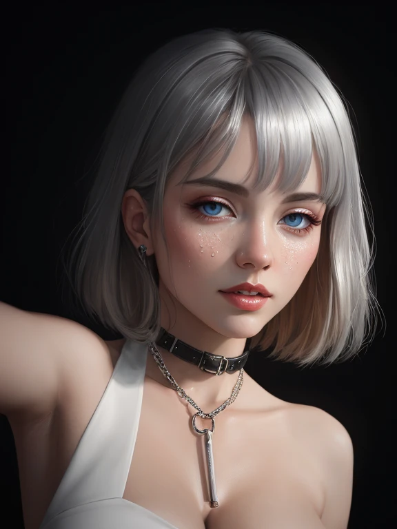 best quality, surrealism oil painting, by NICOLAS DELORT and Andreas Vesalius, a young woman in a silver leash, bangs, beautiful eyes, skinny, isometric, sci-fi, erotic, semi-nudity, highly detailed, short silver blonde hair flowing with wind, close-up portrait, ultra high resolution, 8k render, V-Ray rendering, open pussy, dripping cum, pov