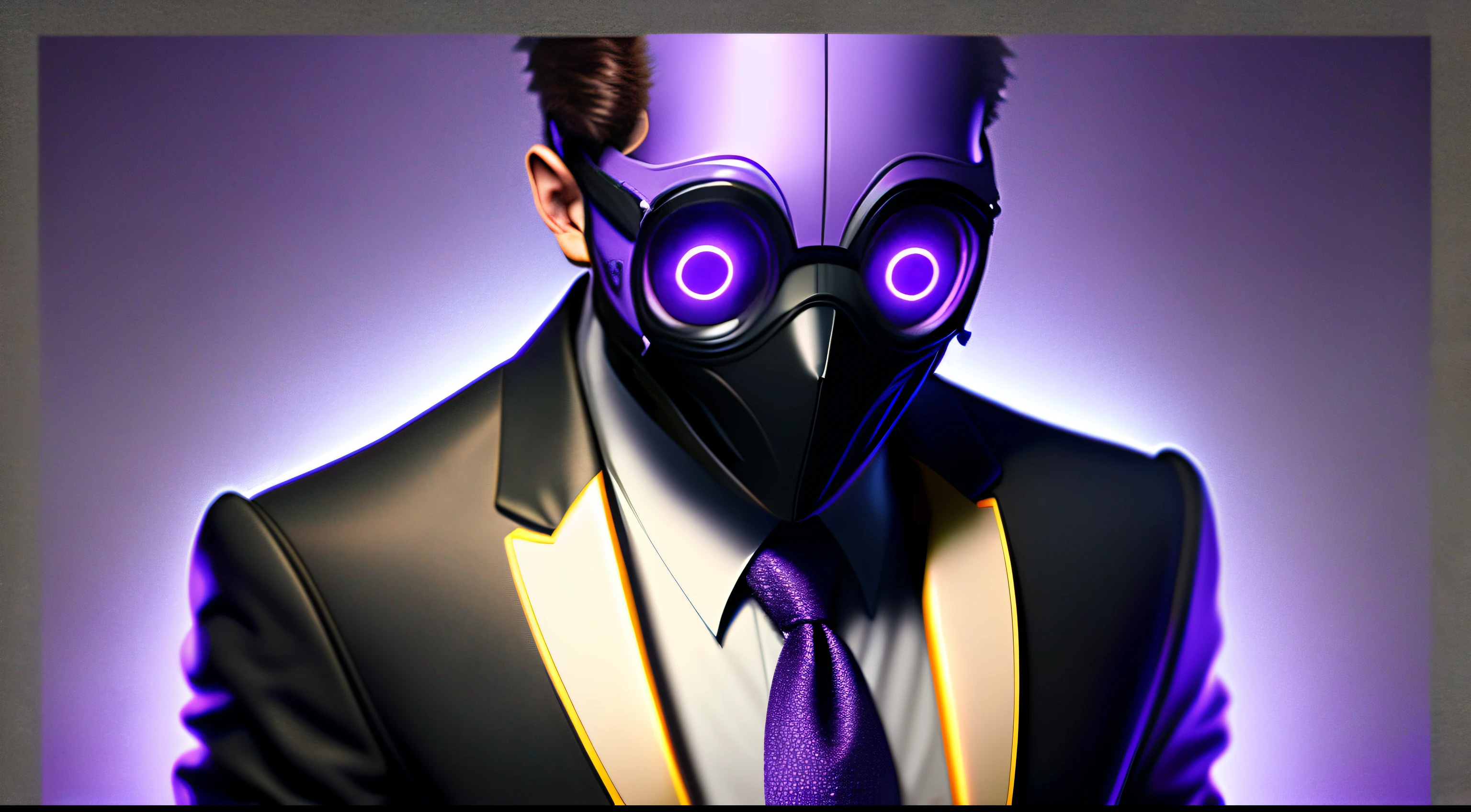 Man in black and purple 3 set suit, and 4 eyes glow, mask face covered