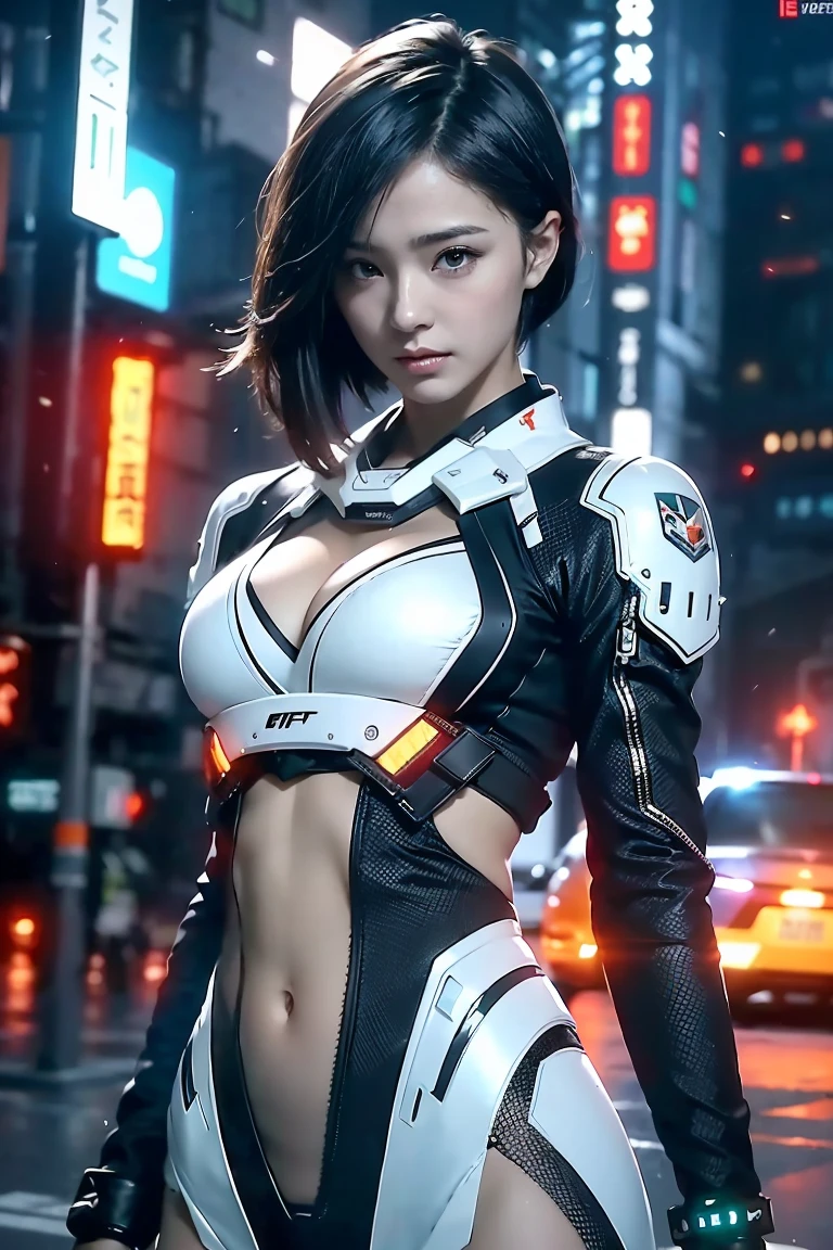 Gorgeous mech warrior woman, small white combat uniform with orange led lights, show stomach, short black hair shaved on one side, Hi-Tech, Assassin, Show a lot of skin, Oily skin, Show abs, Cyberpunk city background, Futuristic, Detailed and Intricicated, cleavage, Sexy masterpieces, Best Quality, Highest Quality, High Definition, Highly detailed, 8K, Athletic and well-fitting body, Naughty, Perfect hands, Detailed hand, Perfect eyes, Detailed eyes, flirtatious, Sexy, Realistic, nffsw, nffsw, Dynamic, cleavage