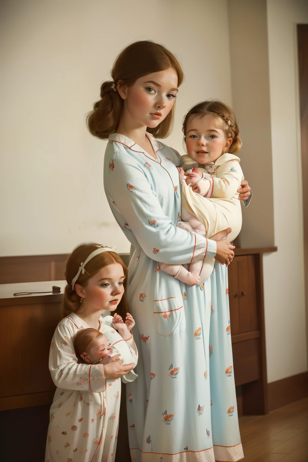 1966, Dubuque, Iowa. ((wide view)). Pre-raphaelite norwegian-irish woman, ((((holding twin babies)))) , (((happiness and domestic bliss))), slow morning, ((((pyjammas from the 1960s)))), ((Hairstyle of the 1960s)), ((Wes Anderson cinematic style)), colorful