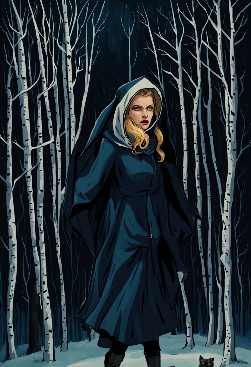 Classic horror painting. Blonde woman with angular face and piercing blue eyes, wearing a bulky old-style hooded parka, running toward the viewer through a snow storm in a birch forest at night. BREAK. In the background, one monstrous, ten-foot-tall, shaggy black cat with fiery eyes leaping toward her.