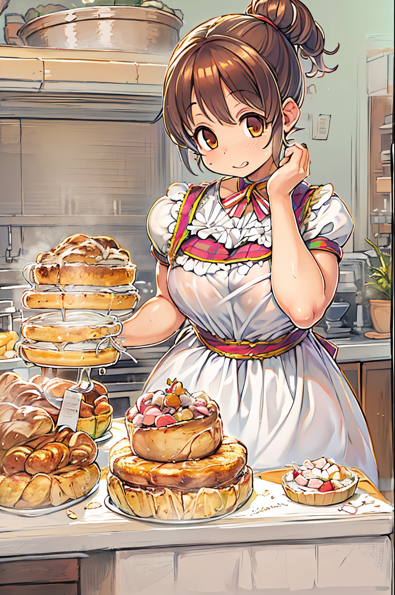 One woman with short ponytail brown hairstyle, wearing only a short frilly apron, Chic, Alone, Solo, (Alone)(Solo), Showing cleavage, Facing forward, looking at me, Looking forward, showing belly, bake sweets in the kitchen