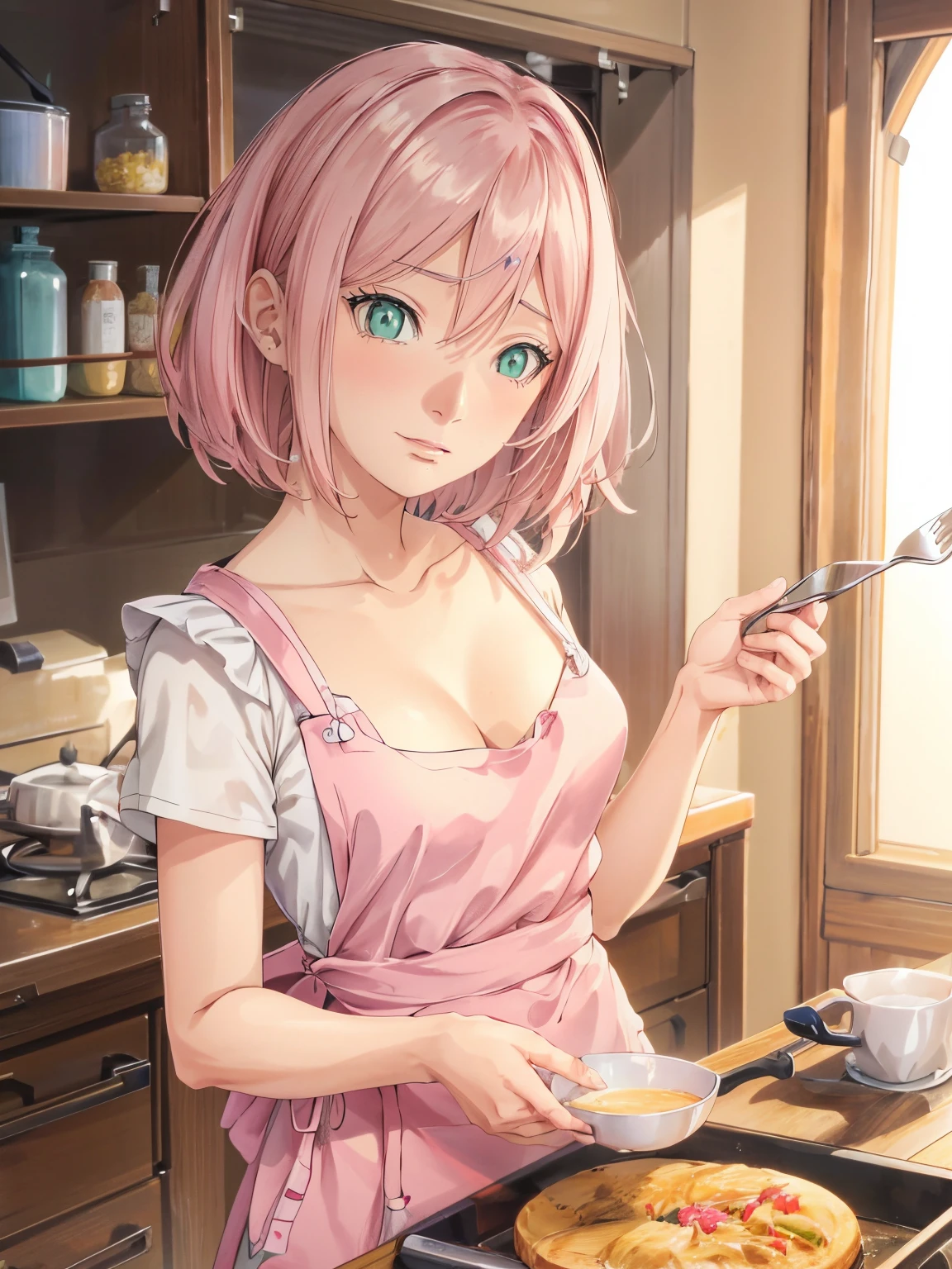 1girl, solo, nakano ichika, pink short hair, (naked:1.3), (white apron), large breasts, cleavage, thighs, cafe background, (blushing:1.2), smiling