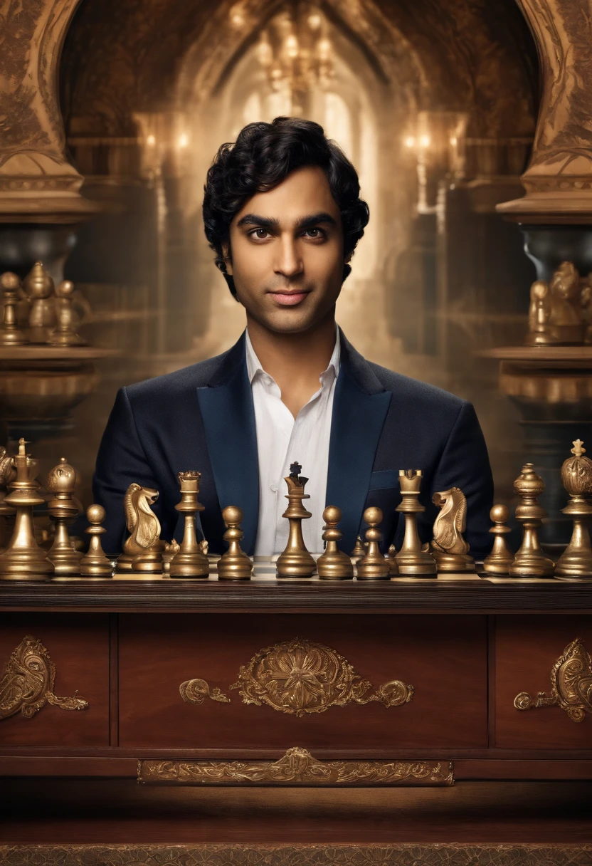 A photo of a vintage, intricate chess set with ornate pieces,The Big Bang Theory,Raj is an Indian man with black hair and brown eyes, portrayed by Kunal Nayyar, male