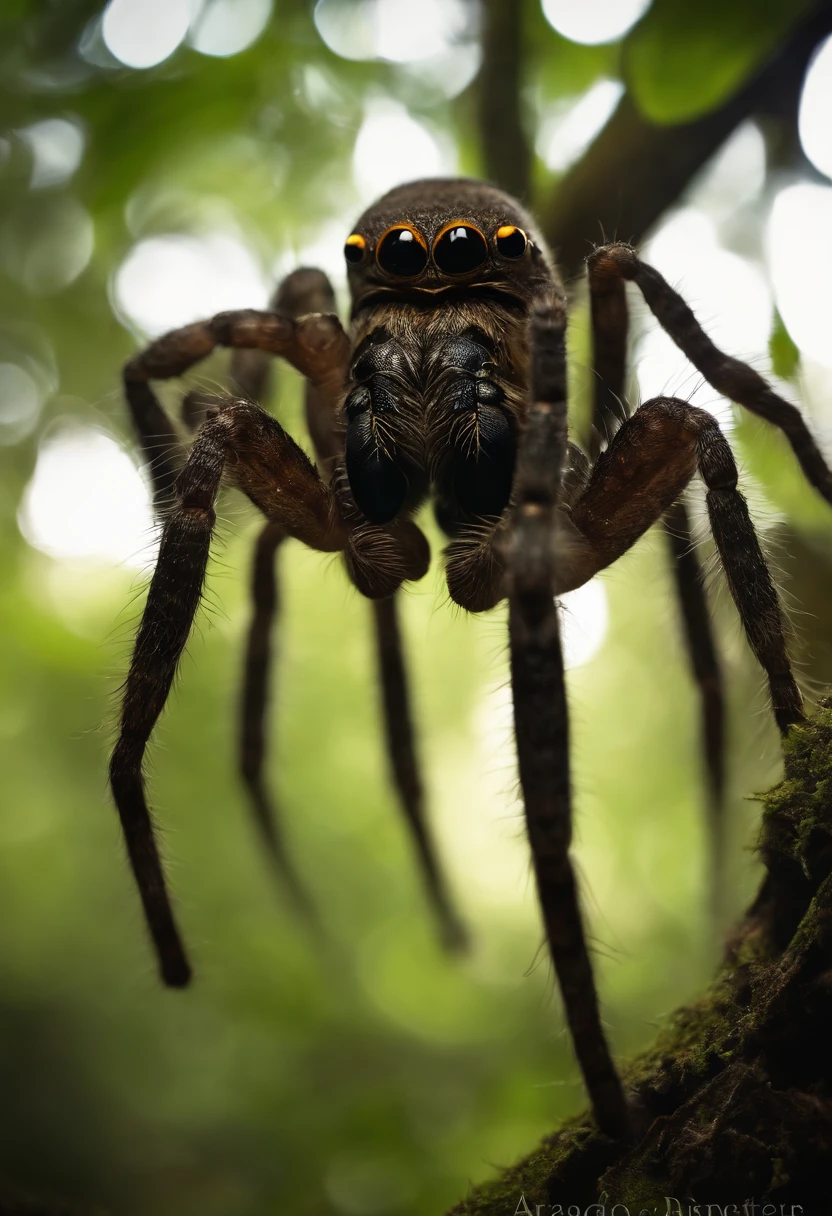 Aragog perched on a ancient, gnarled tree branch, with the warm mid-morning sunlight filtering through the leaves, creating a dappled pattern on the forest floor below.,Harry Potter and the Chamber of Secrets,Aragog is an Acromantula, a giant spider, male