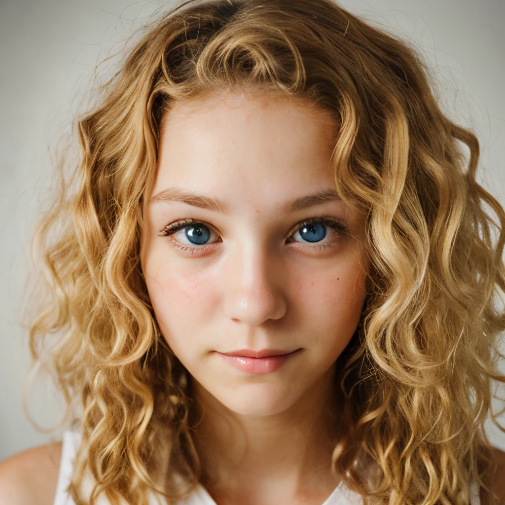 Cute blonde, curly hair, eye contact with camera