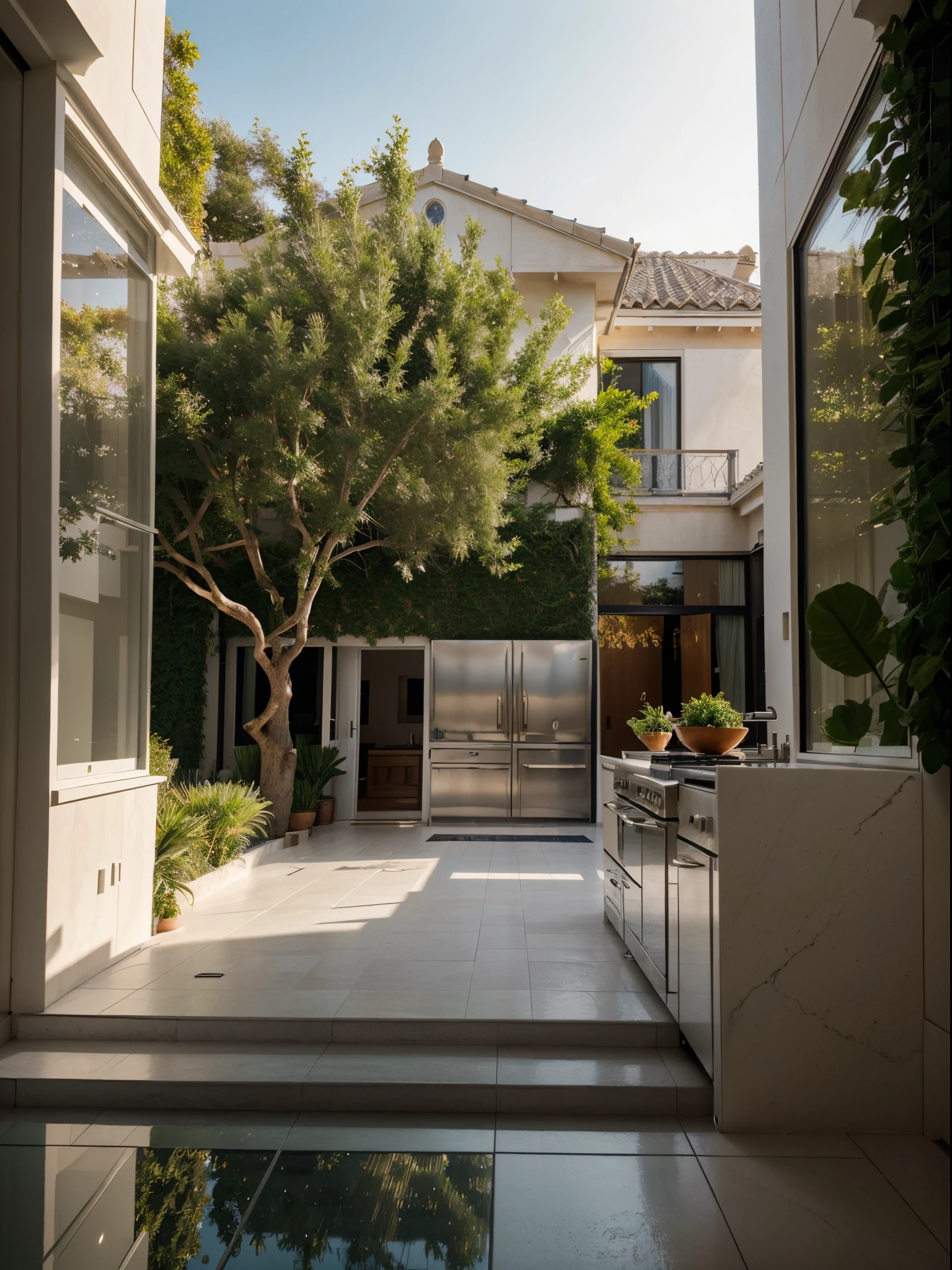 mediteranian style house, glass house in kitchen, minimal object, plant decoration, modern and luxury mansion, dynamic (RAW photo, real, best quality, masterpiece:1.2), (hyper realistic, photo-realistic:1.2), high quality, (bright lighting:1.2), perfect lighting, archdaily, daytime