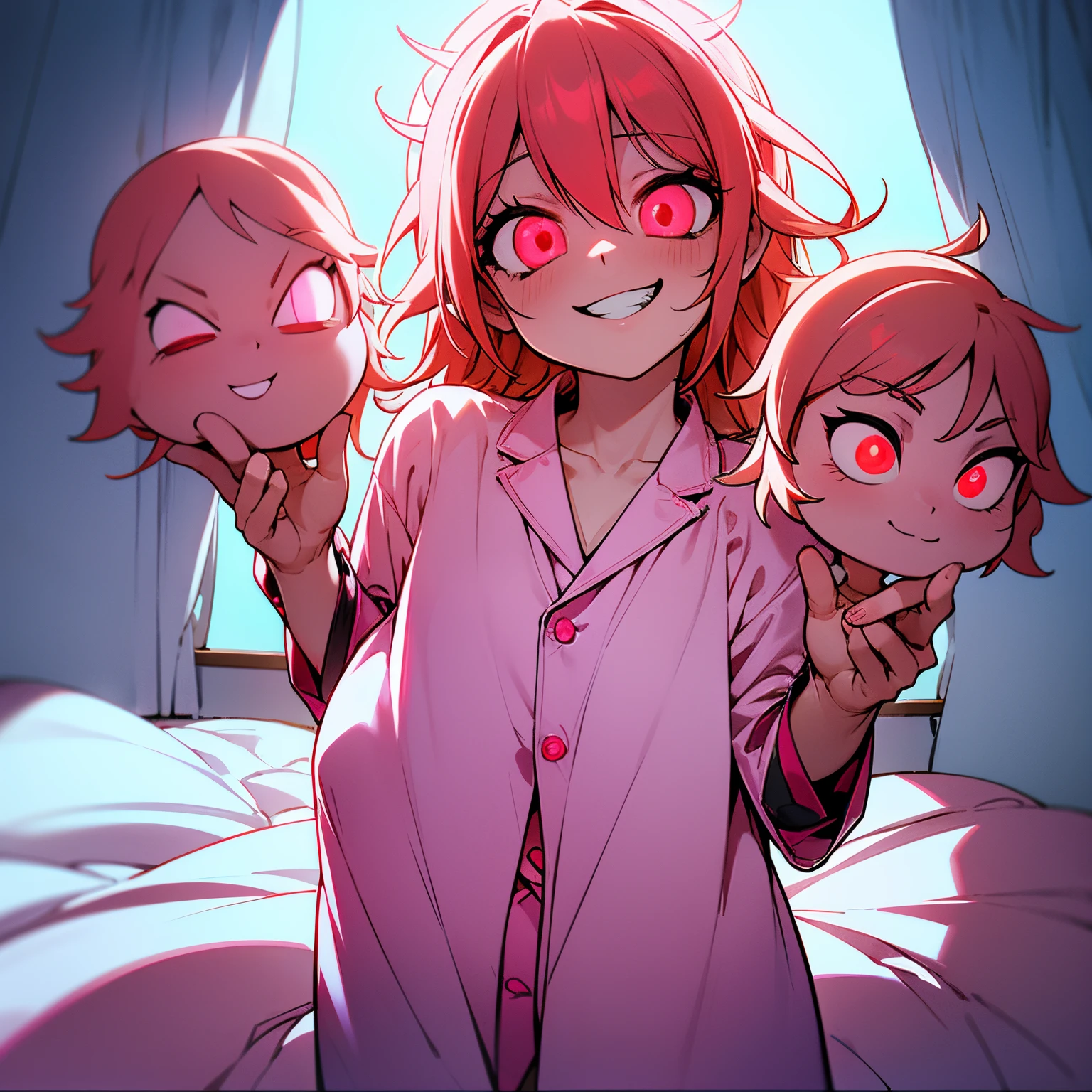 Perverted man resurrected as Nagisa, 'I am Nagisa', possessed Nagisa, glowing red eyes, perverted evil grin, in bedroom, 'this is my body now', nsfw, happy, looking at own hands, wearing pajamas, small breast, horror settings, dark background