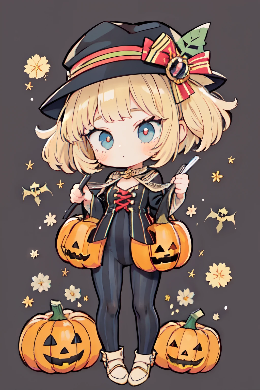 1girl, cute, halloween, pumpkin, pattern, blue cat, striped hat, stripe leggings, fullbody, design, character design, visual dev, adopt, adoptable art, deviantart, da, cute chibi