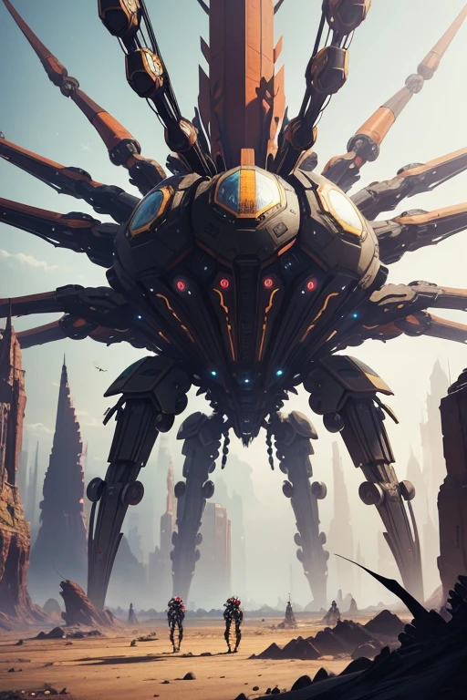 a group of people standing in front of a giant spider, by Android Jones, afrofuturism, wide shot of a spaceship battle, plataform 2 d game, nychos, in - game screenshot