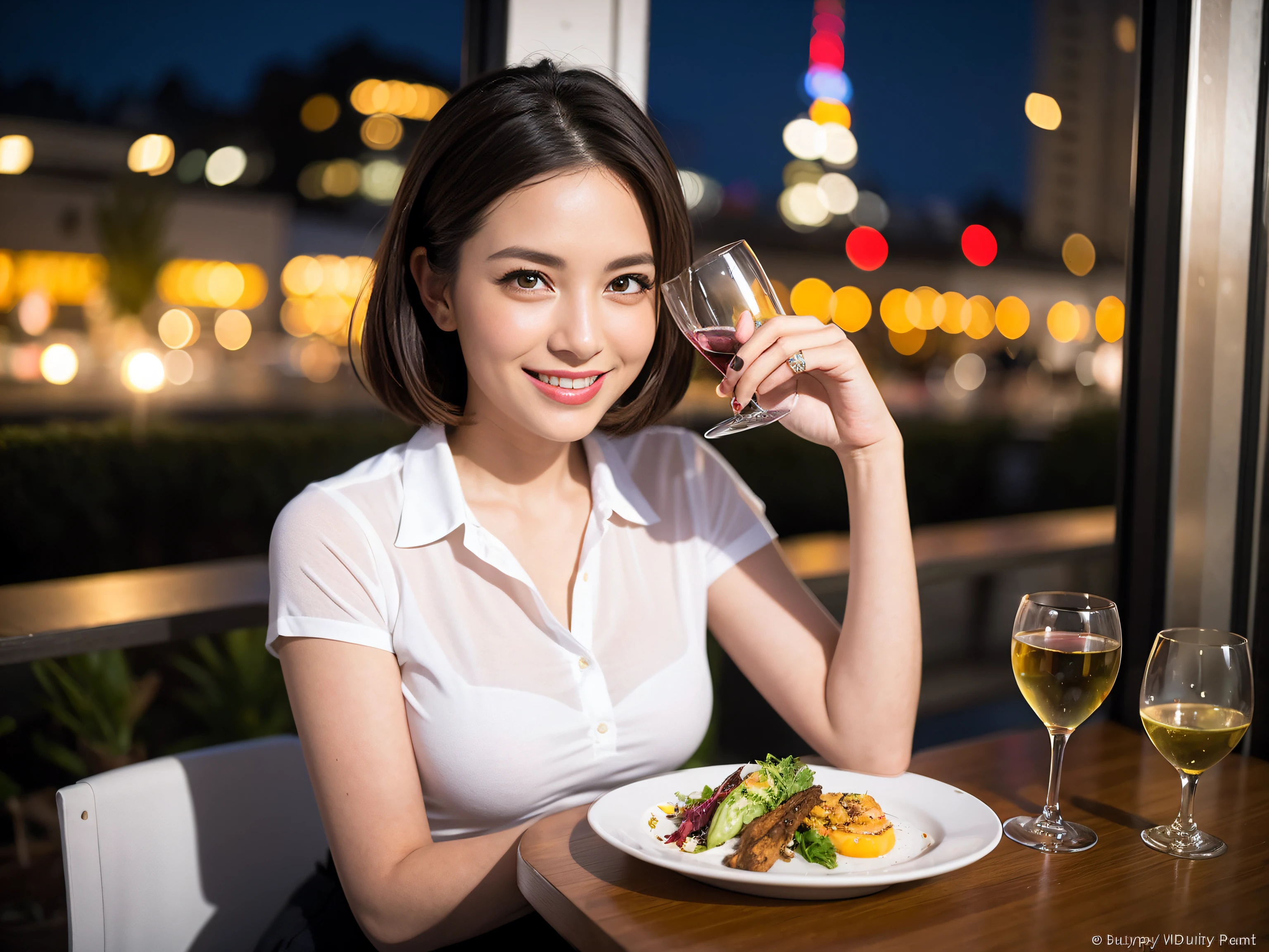(64K, UHD, top quality, masterpiece: 1.2), (realistic, photorealistic: 1.37), super detailed, pretty woman 1 person, (slim face), (slim body), (brown hair), (short cut), cheeks slightly blushing, (42 years old), 38 years old, solo, beautiful detailed urban night view outside the window, restaurant, wine glasses sit, night, in a prominent place (from the waist up) NovaFrogStyle, Actress, Model, Waist Up, White Wine, Slim, Wine Glass, Super Clean Night View, Wine Glass Put in the Middle, Happy Smile, (Smile: 1.15), Beautiful Fine Eyes, Upper Body, Bust Japan Up, Night, Short, Short, Actress, Model, Waist Up, White Wine, Slim, Wine Glass, Super Clean Night View, Wine Glass Put in the Middle, Happy Smile,