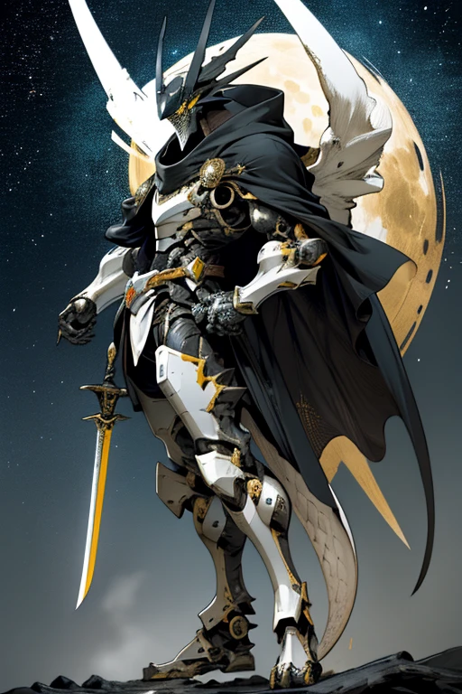 "Giant exoskeleton robot，Strong posture，hight contrast，Black and white body，color of starry sky，Partial dragon features，Huge two-handed sword，Kamen Rider，Sharp claws，Loincloth，Cloak，Dragon wings，One hand holds a sword。"