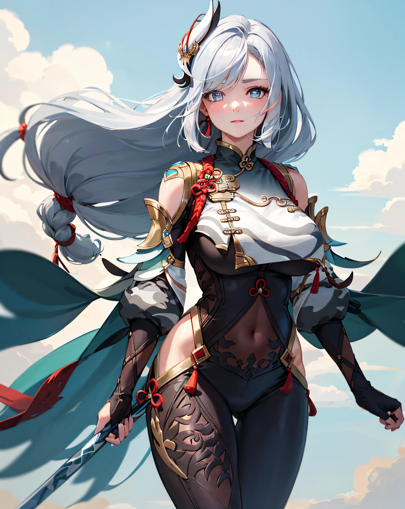 (professional full body photo), cowboy shot, solo, 1girl, shenhe, smile, looking at viewer, hand on breast, (perfect detail eyes:1.2), glowing eyes, (long hair one braid:1.2), (Masterpiece, Best Quality, High Quality:1.4), professional artwork, realistic[:, (film grain, well defined pupils, high contrast eyes, ultra detailed skin, skin pores, vellus hair, fabric stitching, fabric texture, wood grain, stone texture, finely detailed features:1):0.9], Details (Textures! , Hair! , Shine, Color!! , Drawbacks: 1.1), bright eyes with high detail (Looking at the camera), SLR lighting, SLR camera, Ultra quality, sharpness, Depth of field, Film grain (center), Fujifilm XT3, Crystal clear, Center of the frame, sharp focus, Bokeh (Low light), detailed skin pores, oily skin, burn, Complex eye details, Intricate Details, field of view, sharp focus, detailed painting, photorealistic lighting, trending on pixiv, (vivid lighting, vibrant colors:1.05), realistic shadows, ambient occlusion, (vibrant_color:1.2), (beautiful_face:1.5), (narrow_waist), (perfect hands, perfect anatomy), ((very huge breasts)), very wide hips, curvy, (increase sharpness), (serious expression,) ((Galaxy eyes)), ((bored eyes)), Helf-lid eyes, beautiful detailed eyes, vibrant eyes, ray tracing, (((detailed eyes)))