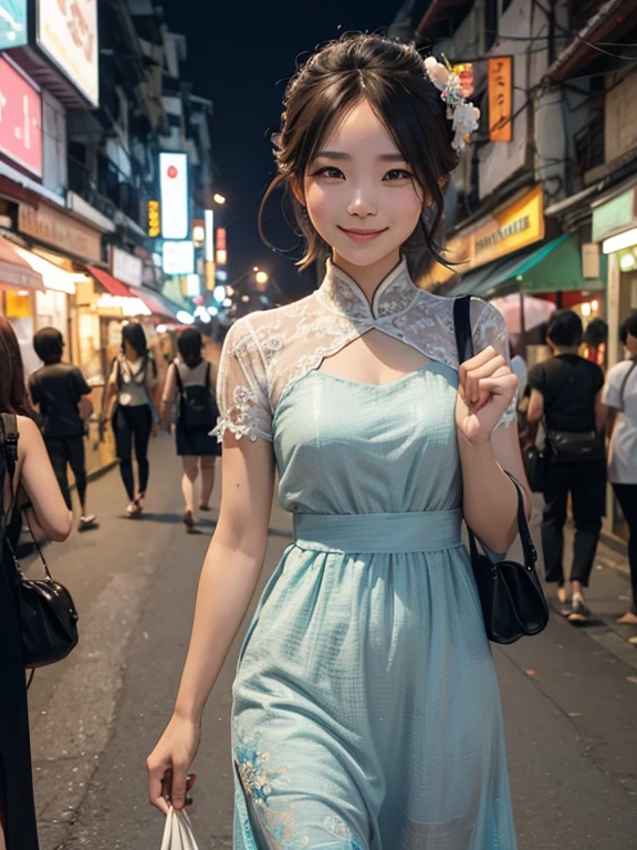 A woman in a charming dress is in the streets of Thailand in the evening, looking happy.
