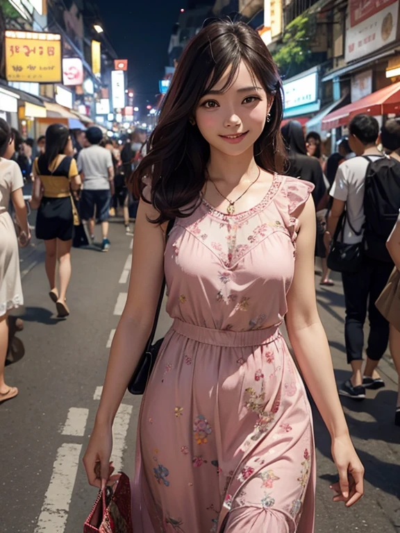 A woman in a charming dress is in the streets of Thailand in the evening, looking happy.