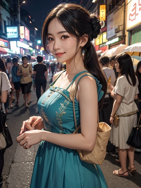 A woman in a charming dress is in the streets of Thailand in the evening, looking happy.
