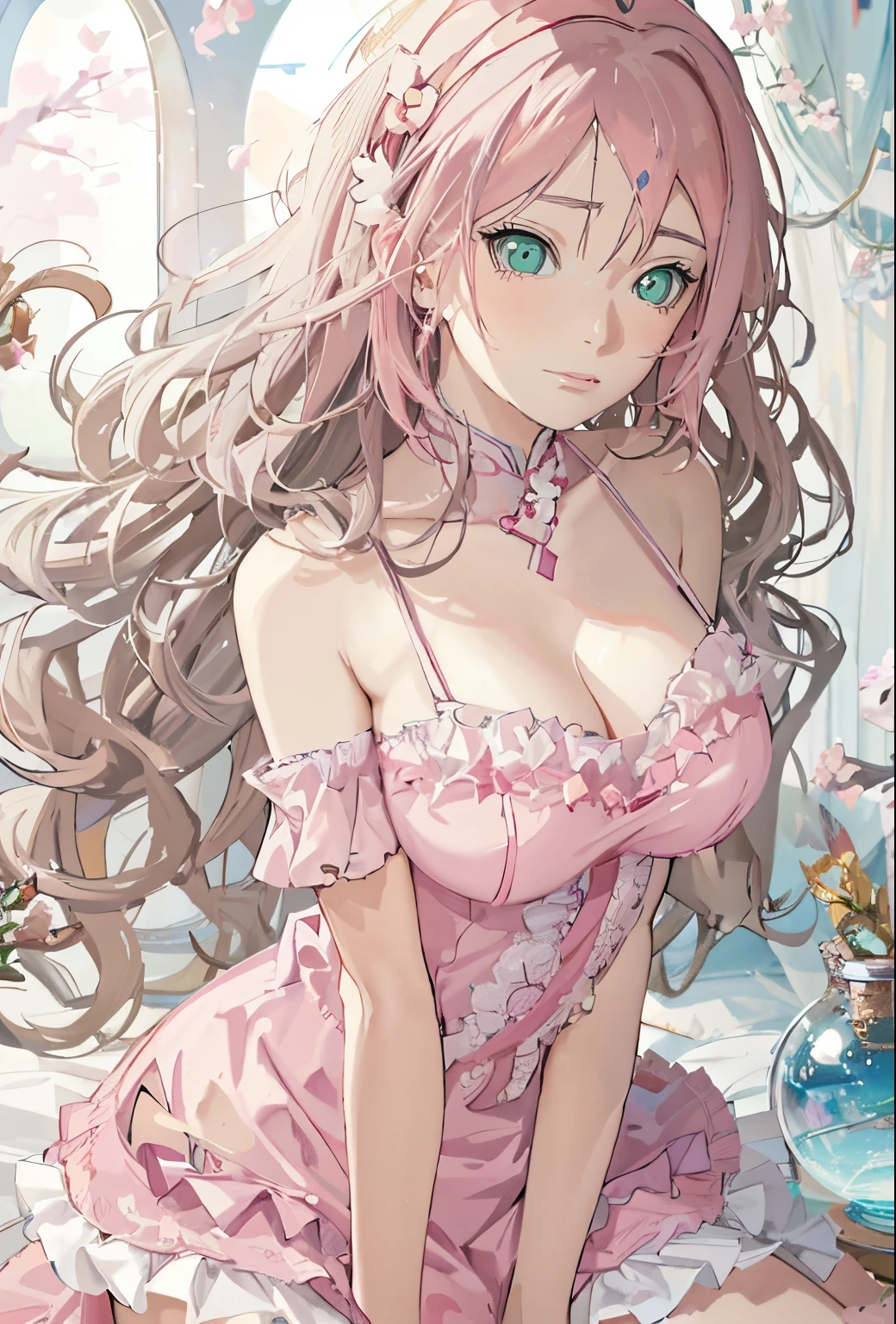 anime girl in pink dress sitting on a bed with a fish bowl, seductive anime girl, beautiful alluring anime woman, in dress, beautiful anime girl, cute anime waifu in a nice dress, beautiful anime woman, anime goddess, atelier lulua, attractive anime girl, beautiful alluring anime teentailed digital anime art, detailed anime artwork, pretty anime girl, pink hair anime girl looks like sakura haruno from naruto