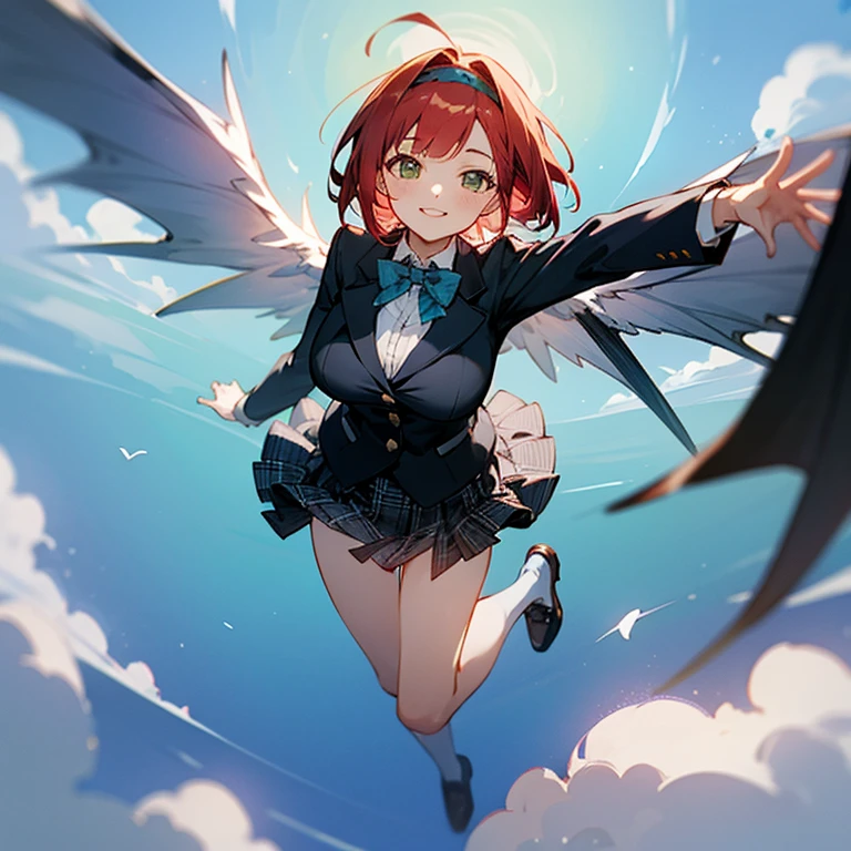 girl smiling slightly,Red Short Bob,Green eyes,large full breasts,Black Blazer School Uniform,Hair band on the head,Wearing a hair band,Bow tie on chest,light blue bowtie,plaid skirts,Fluttering skirt,Light blue panties are slightly visible under the skirt.,Looking up from under your feet,Soaring in the sky,Floating in mid-air,Dragon Wings,Dynamism,Active,The background is only a blue sky