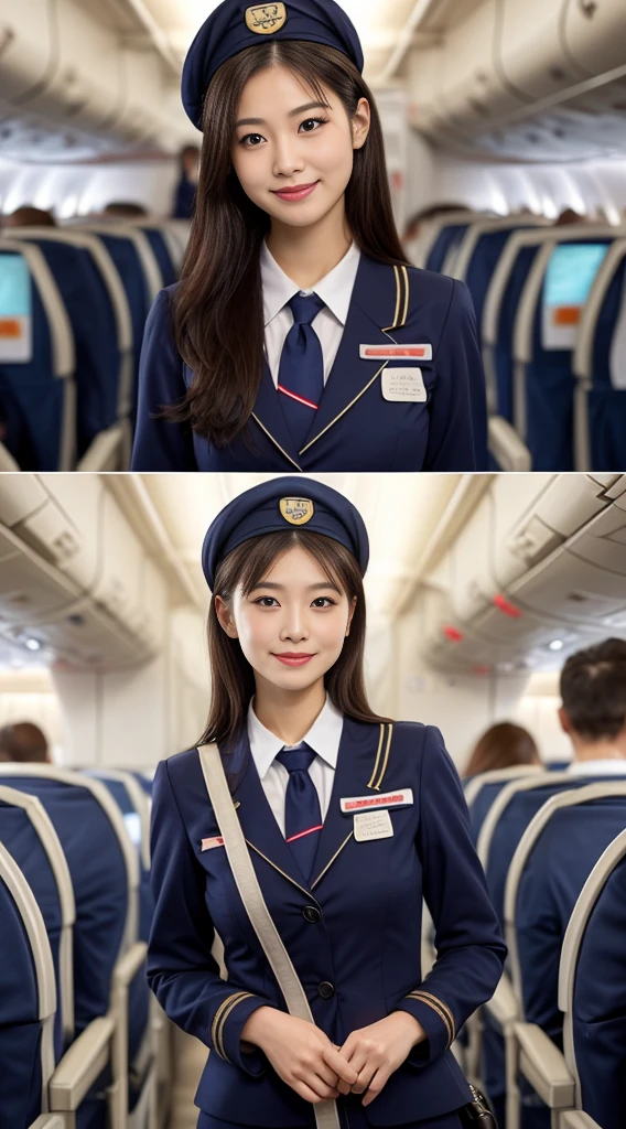one japanese woman, Solo, 30-years old, hyperdetailed face, Detailed lips, A detailed eye, Double eyelid eyes, fluffy brown eyes, (Black bob hair, Like an airplane stewardess, Do a good job), (Like an airplane stewardess:1.2), (Do a good job:1.2), (Navy single color stewardess uniform:1.4), (Please wear a small and cute stubborn hat:1.2), (discret smile:1.2), Perfect image realism, Background with: (Business Class aisle on airplanes:1.2), 细致Background with, detailed costume, Perfect litthing, Hyper-Realism, (Photorealistic:1.4), 8K maximum resolution, (​masterpiece), Highly detailed, Professional