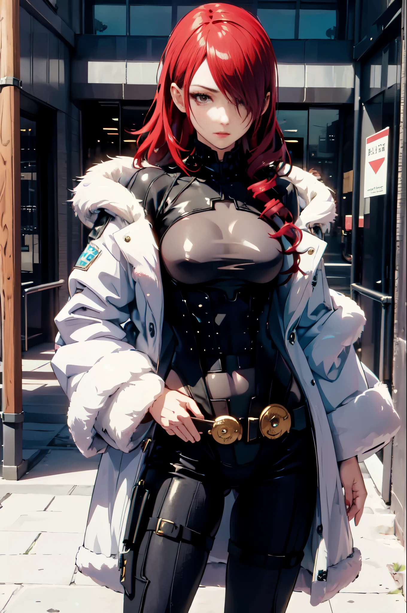 (masterpiece, best quality:1.2), cowboy shot, solo, 1girl, kirijoarena, expressionless, looking at viewer, hand on hip, hair over one eye, fur coat, bodysuit, framed breasts, belt