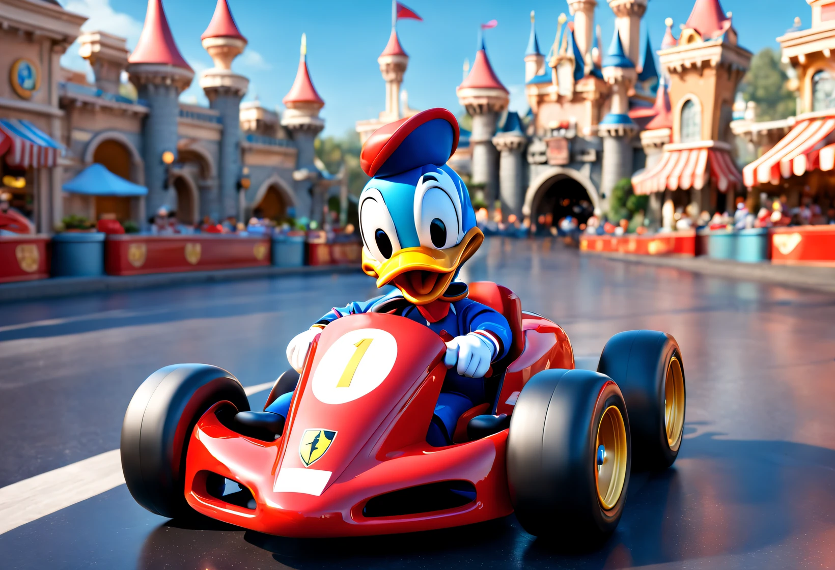 (Very unified CG design),Cute Donald Duck in Disneyland ，Driving a red Ferrari kart，Big turbine and racing rear wing， Full body lesbian,the face,Legs and arms，Wear a racing helmet,kawaii, super cute duck， Bubble Mart IP, Bubble Mart,Background with：disneyland cartoon style,, Very detailed colors,super adorable ,  Produced by Pixar, 3D, c4d, Blander, unreal-engine, 8K, Overclocked renderer, Best quality,3d character