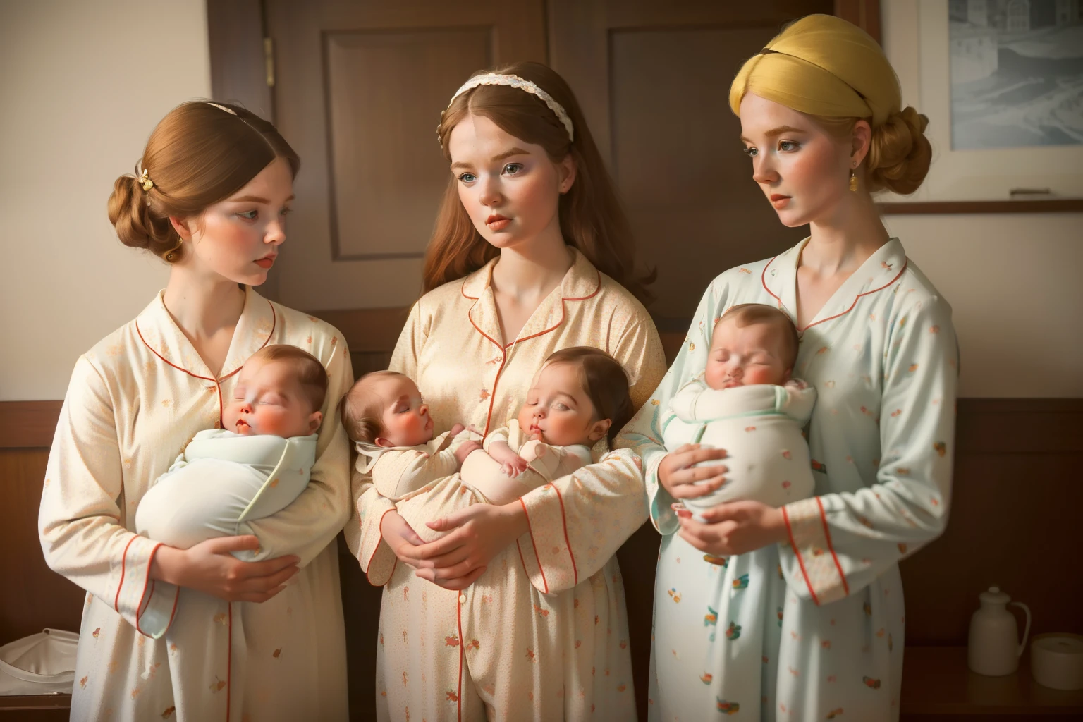 1966, Dubuque, Iowa. Pre-raphaelite norwegian-irish woman, ((((holding twin babies)))) , ((((pyjammas from the 1960s)))), ((Hairstyle of the 1960s)), ((Wes Anderson cinematic style)), colorful